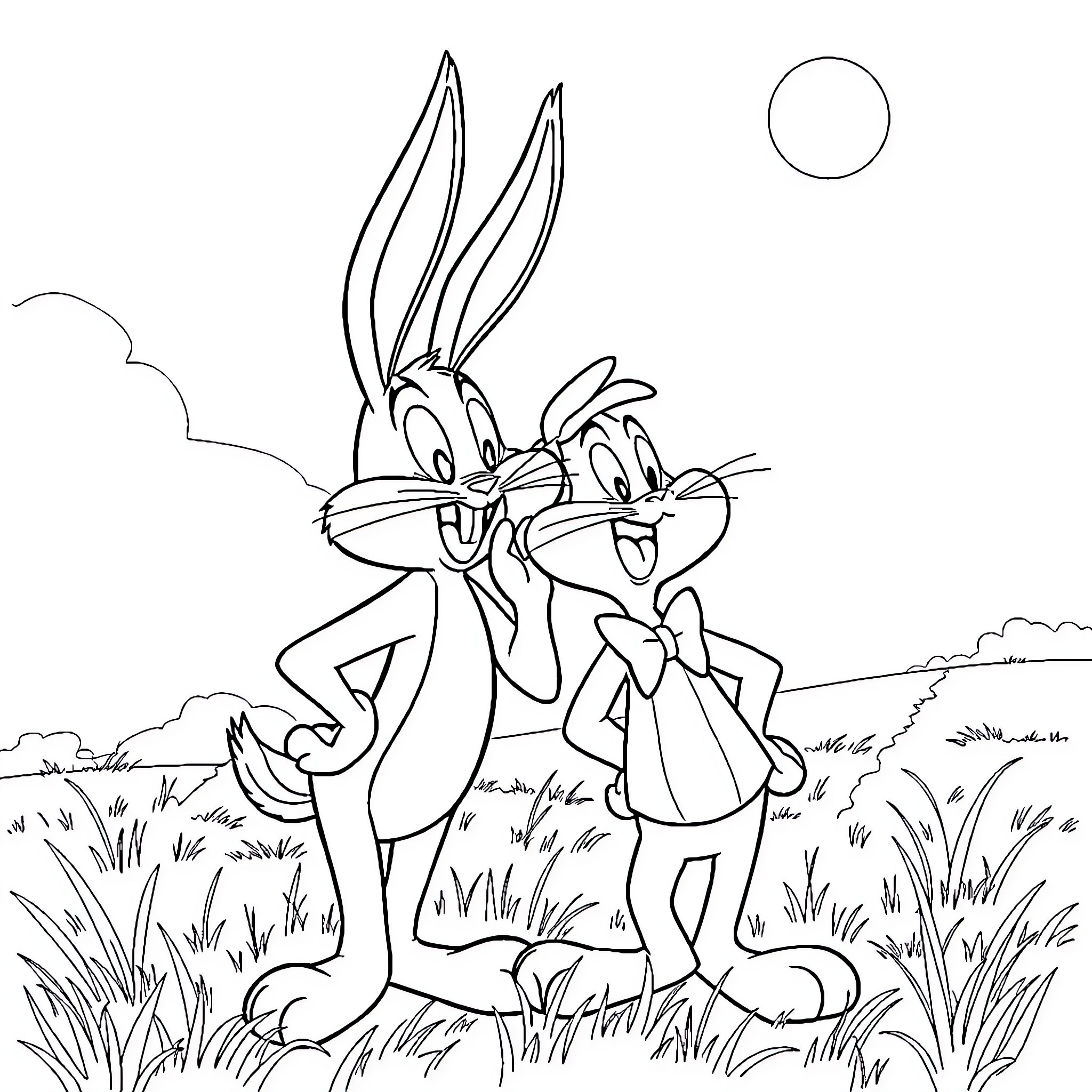 Bugs Bunny and Daffy Duck in the Countryside Coloring Page (free black-and-white line drawing printable PDF for all, from beginners to advanced learners, including children, teens, adults, and seniors)