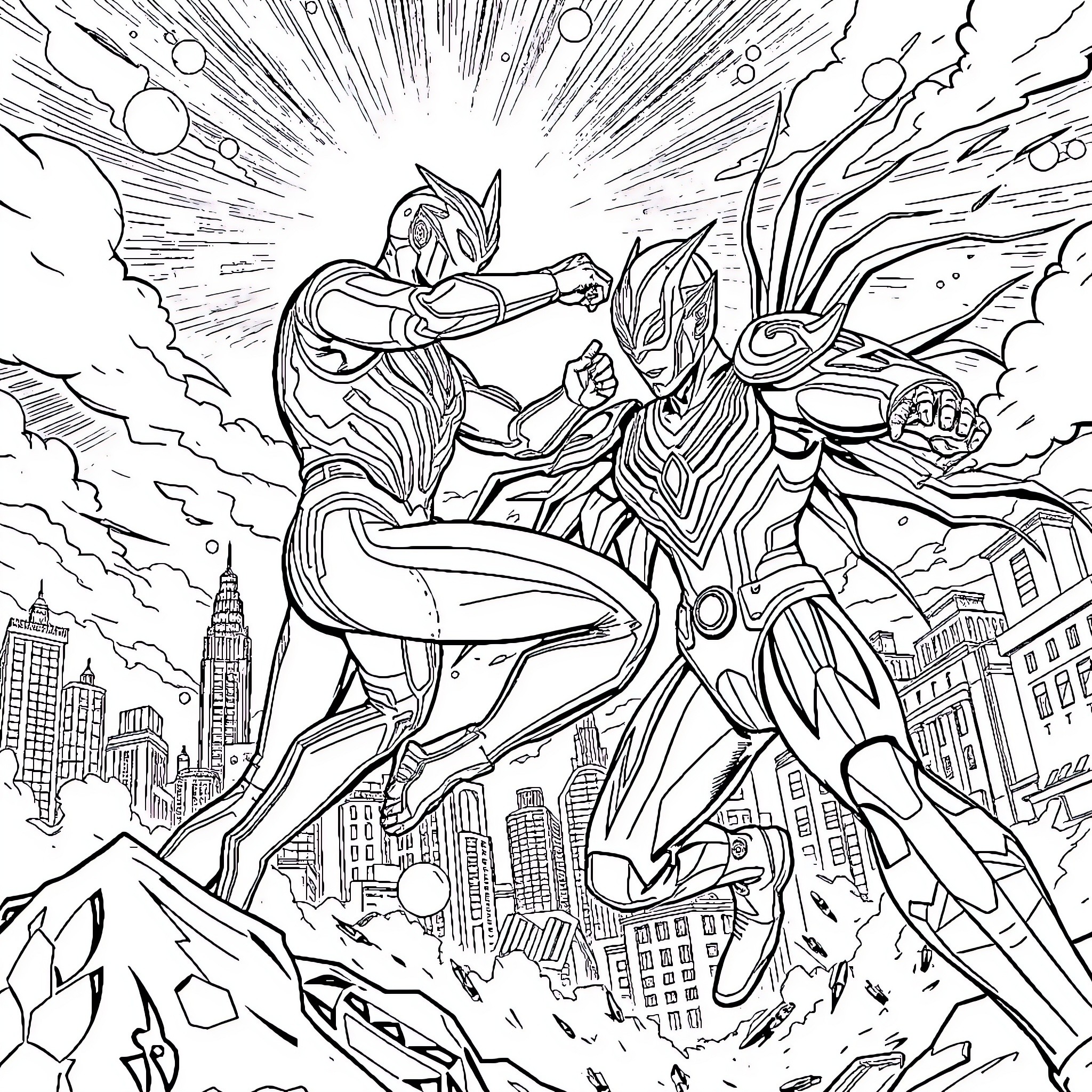 Ultraman Battling Heroically in the City Coloring Page (free black-and-white line drawing printable PDF for all, from beginners to advanced learners, including children, teens, adults, and seniors)