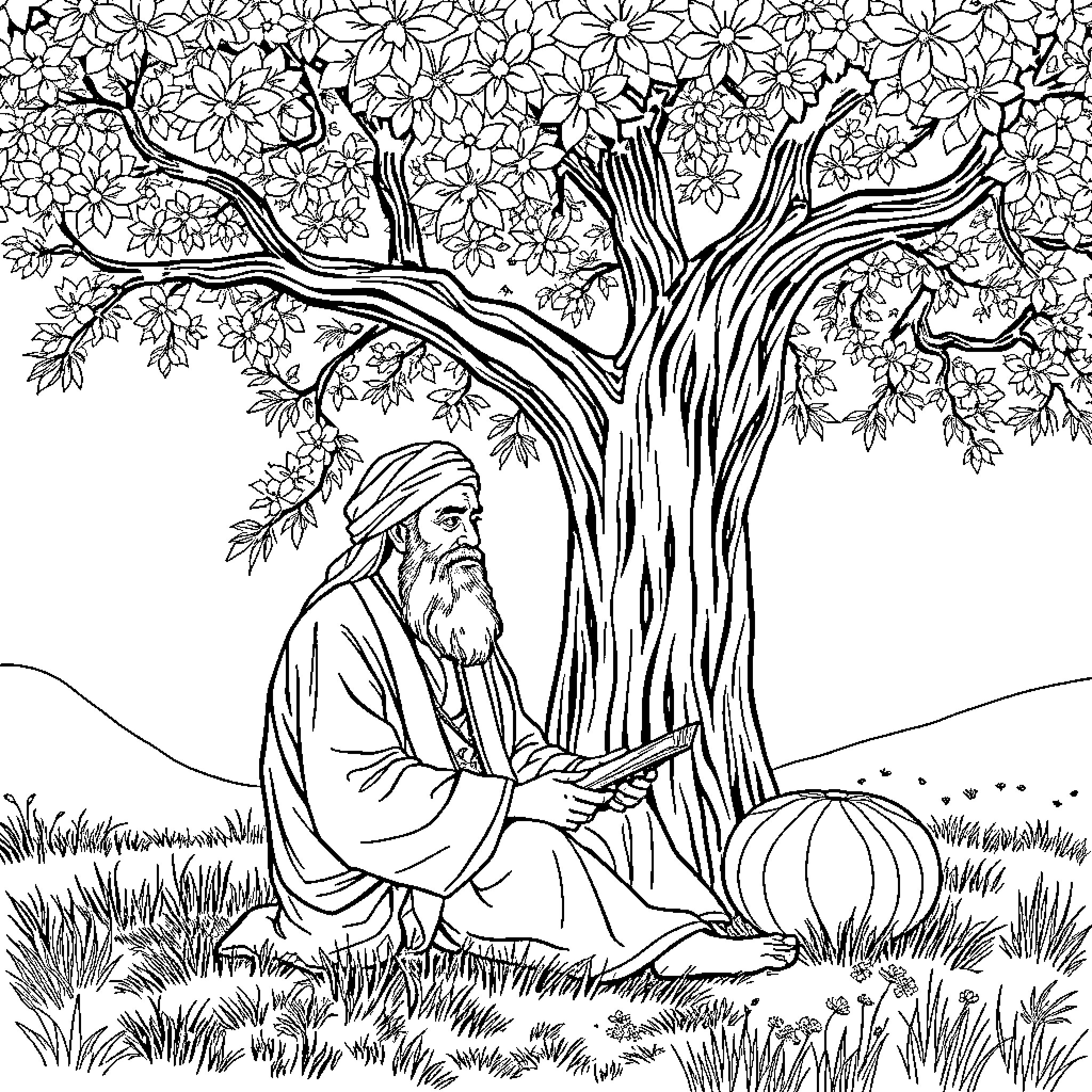 Rumi meditating under the blossoming tree Coloring Page (free black-and-white line drawing printable PDF for all, from beginners to advanced learners, including children, teens, adults, and seniors)