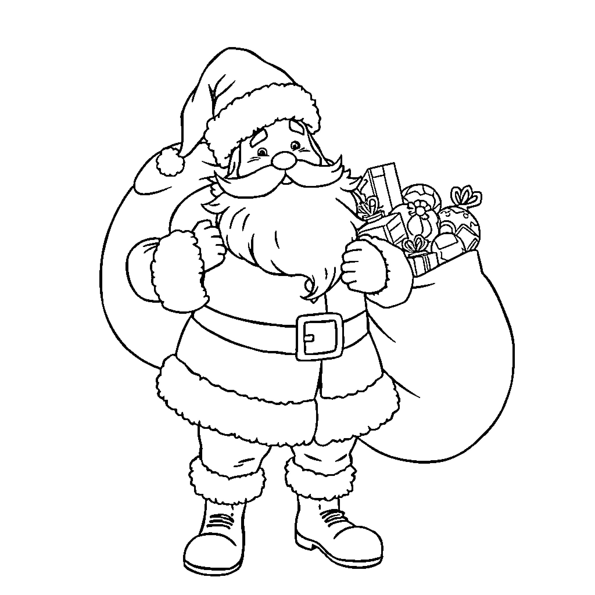 Santa Claus carrying a sack of gifts Coloring Page (free black-and-white line drawing printable PDF for all, from beginners to advanced learners, including children, teens, adults, and seniors)