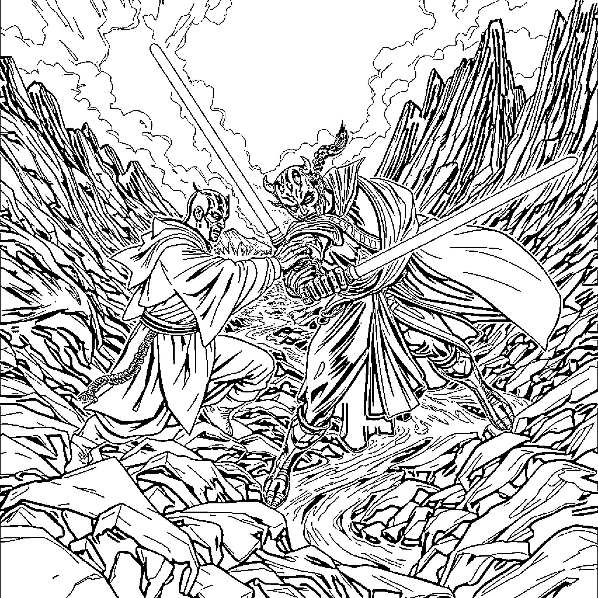 Darth Maul's Fiery Confrontation in the Rugged Terrain Coloring Page (free black-and-white line drawing printable PDF for all, from beginners to advanced learners, including children, teens, adults, and seniors)