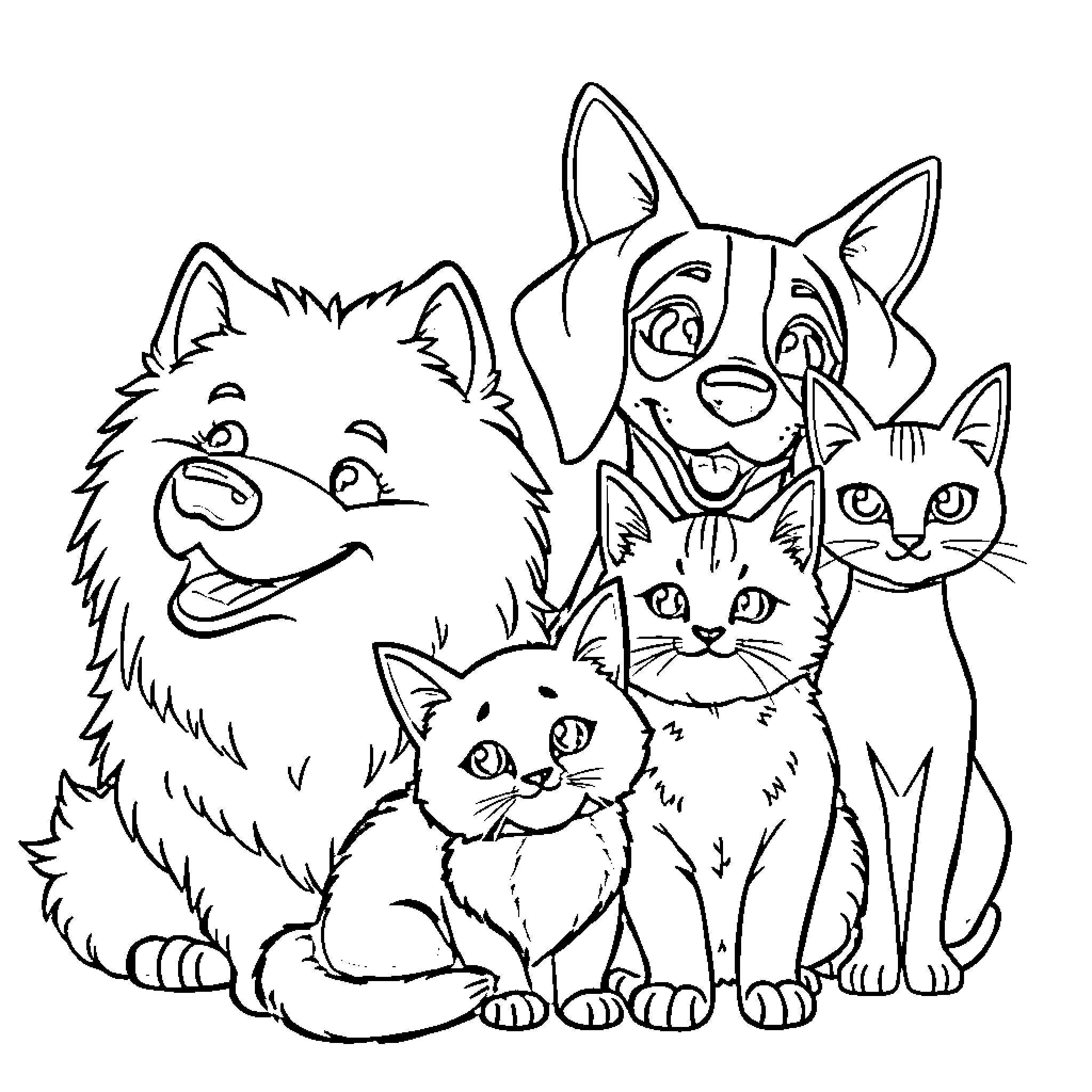 Dog and Cat Family Gathering Coloring Page (free black-and-white line drawing printable PDF for all, from beginners to advanced learners, including children, teens, adults, and seniors)