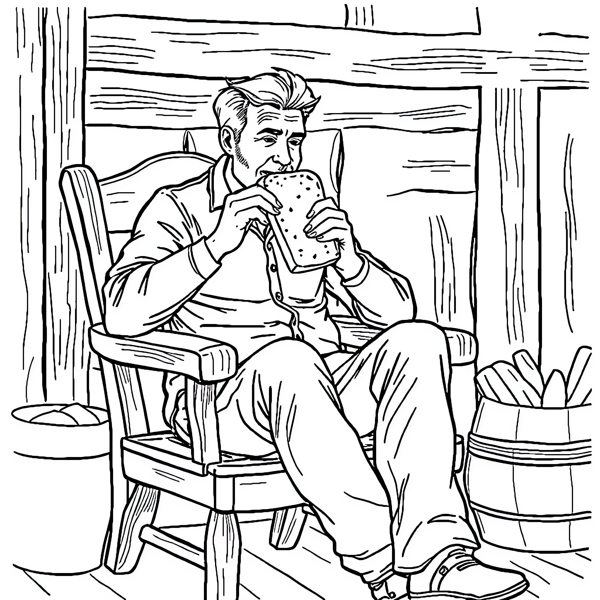 Man relaxing and enjoying a drink in a cozy setting Coloring Page (free black-and-white line drawing printable PDF for all, from beginners to advanced learners, including children, teens, adults, and seniors)