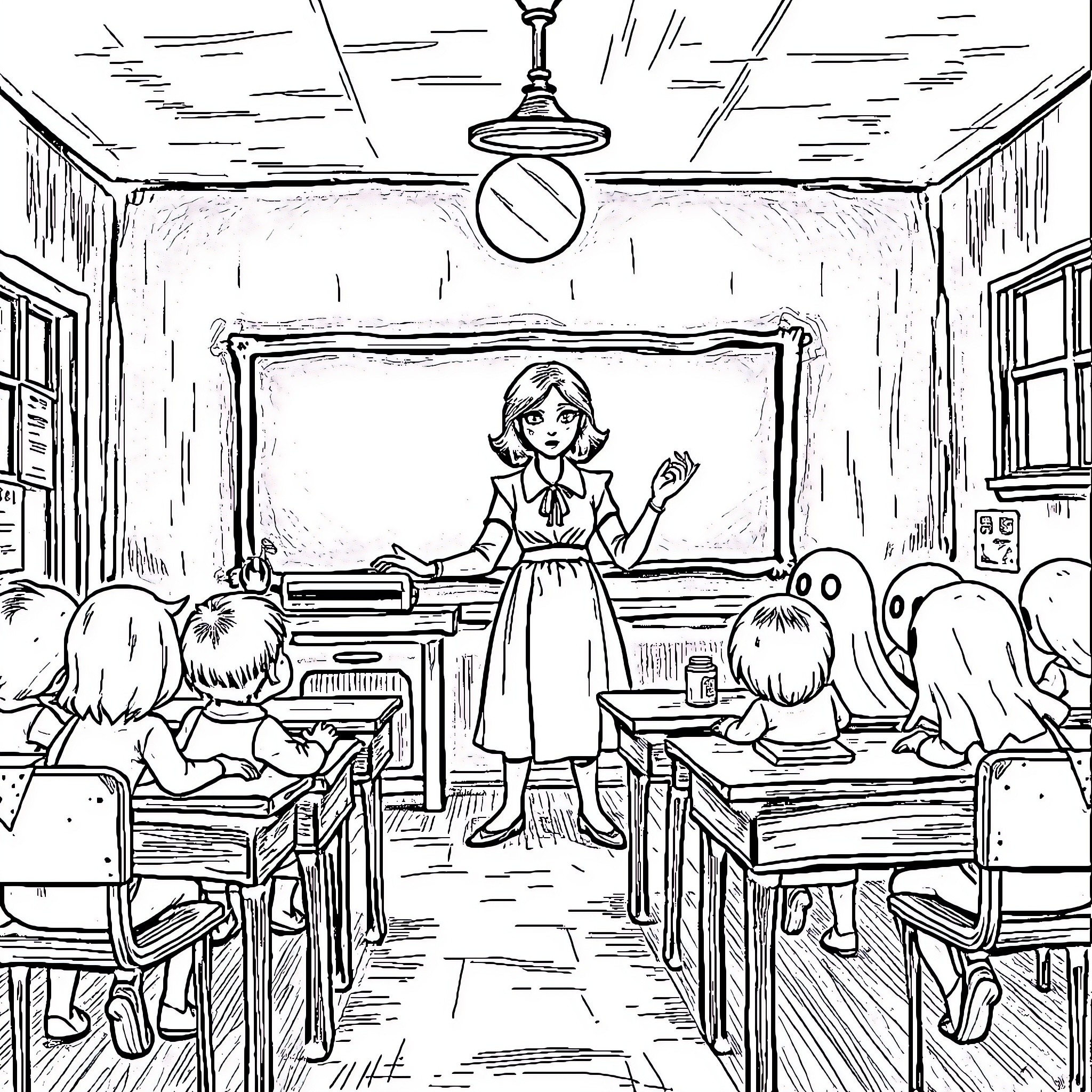 Teacher guiding students in a classroom setting Coloring Page (free black-and-white line drawing printable PDF for all, from beginners to advanced learners, including children, teens, adults, and seniors)