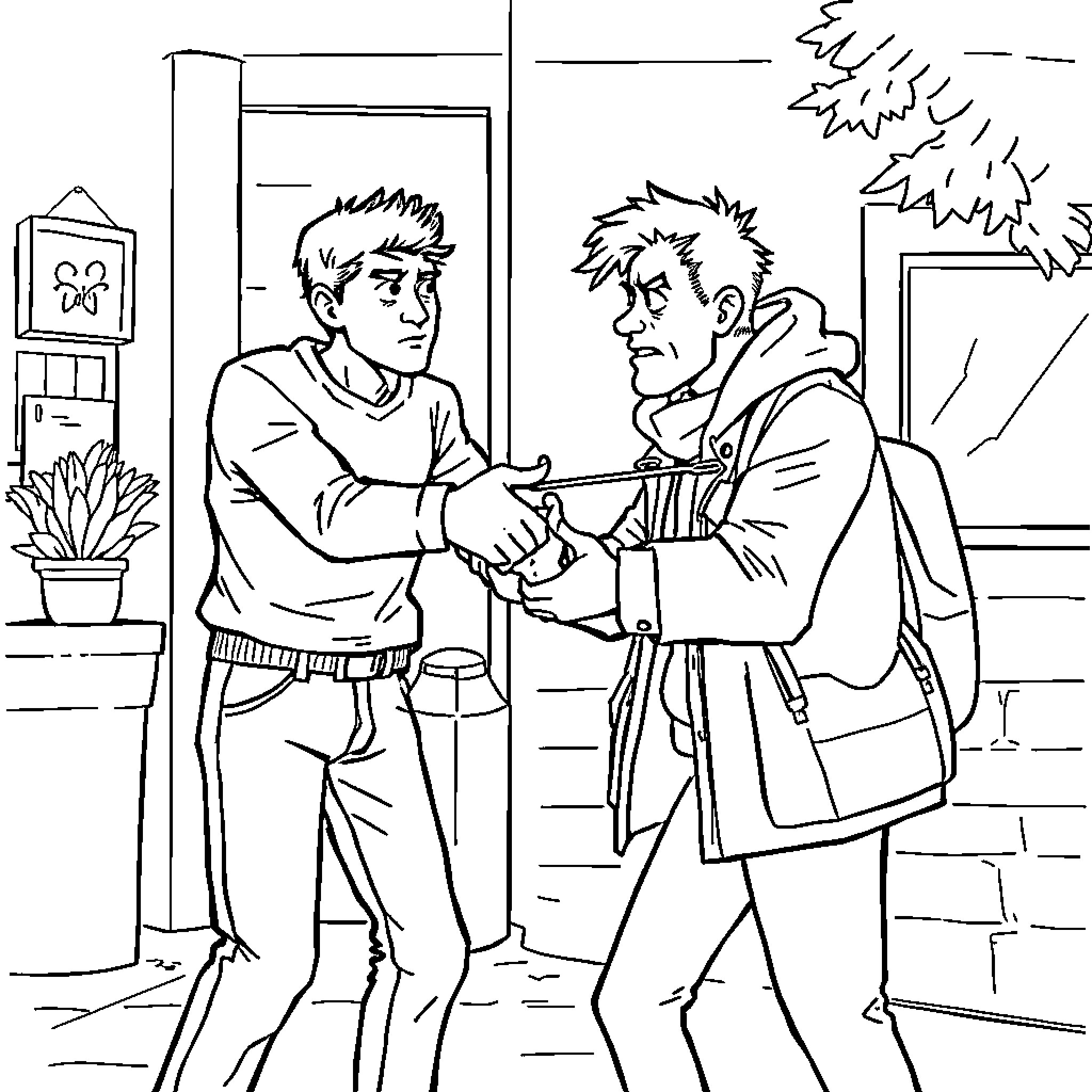 Noob friends greeting each other in the alley Coloring Page (free black-and-white line drawing printable PDF for all, from beginners to advanced learners, including children, teens, adults, and seniors)