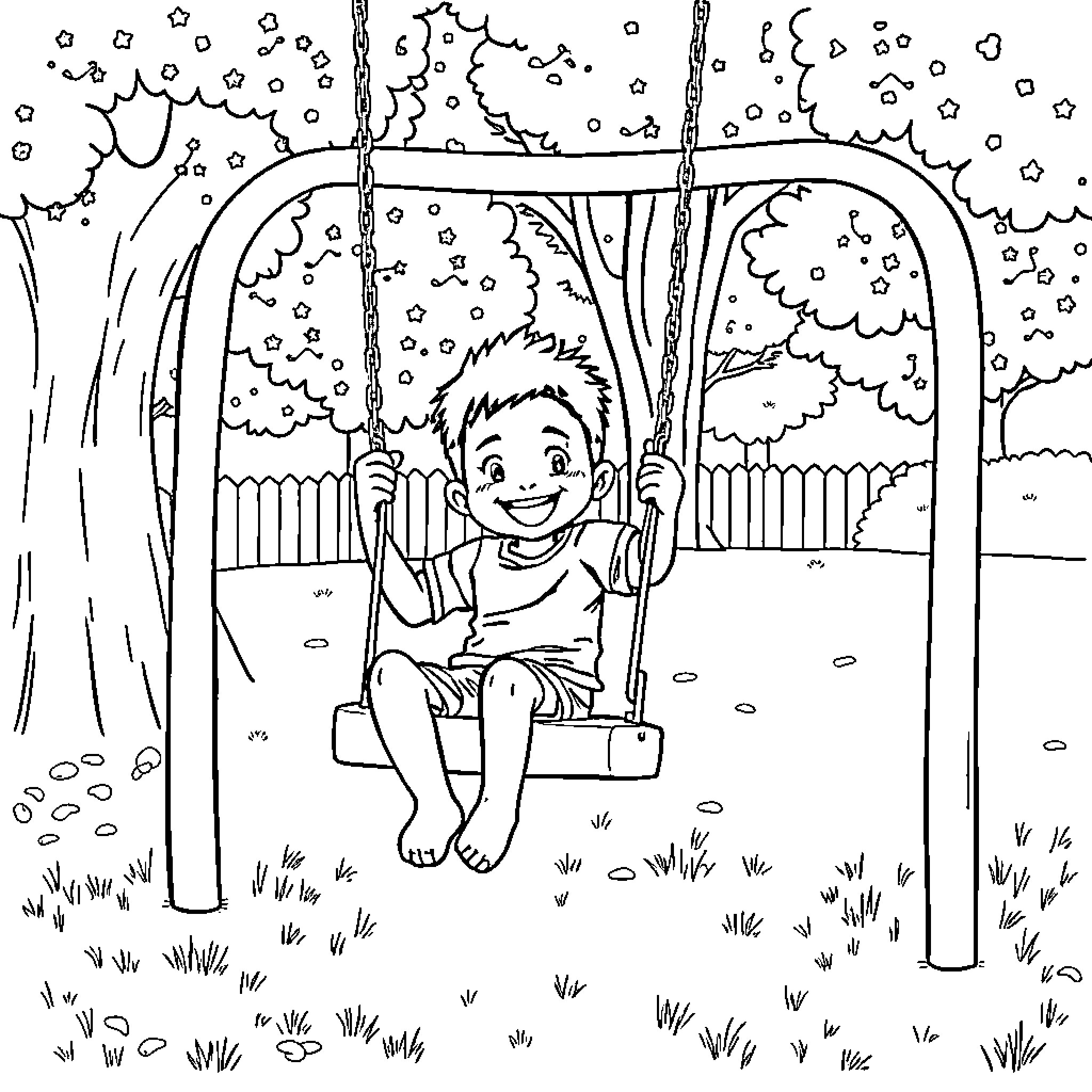 Boy enjoying a swing in the snowy park Coloring Page (free black-and-white line drawing printable PDF for all, from beginners to advanced learners, including children, teens, adults, and seniors)