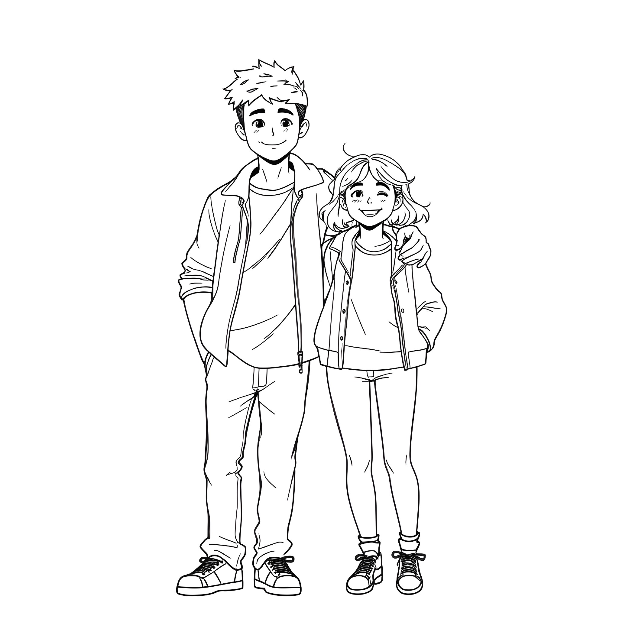 Teen couple in casual outfits smiling happily Coloring Page (free black-and-white line drawing printable PDF for all, from beginners to advanced learners, including children, teens, adults, and seniors)