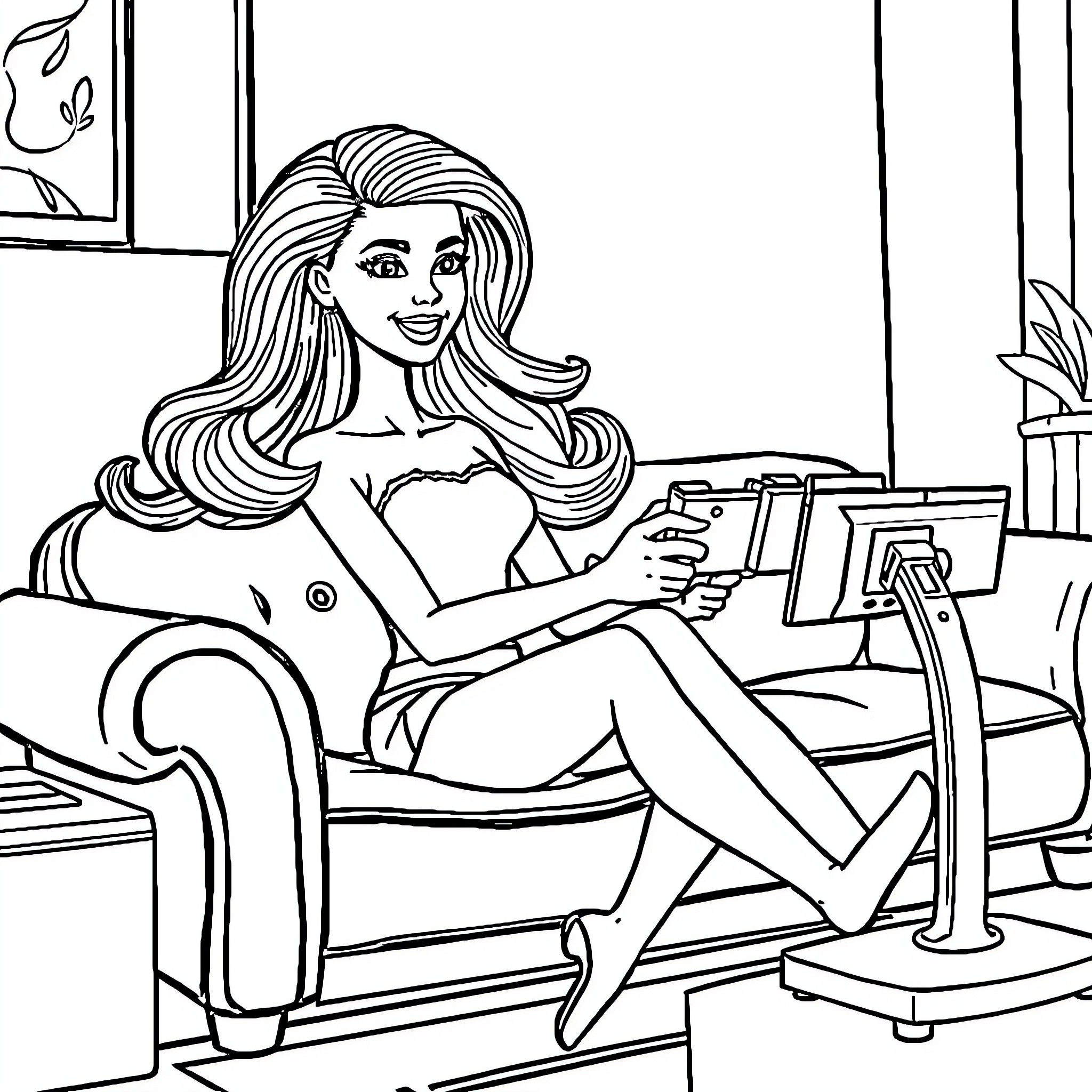 Barbie relaxing and reading on a comfy chair Coloring Page (free black-and-white line drawing printable PDF for all, from beginners to advanced learners, including children, teens, adults, and seniors)
