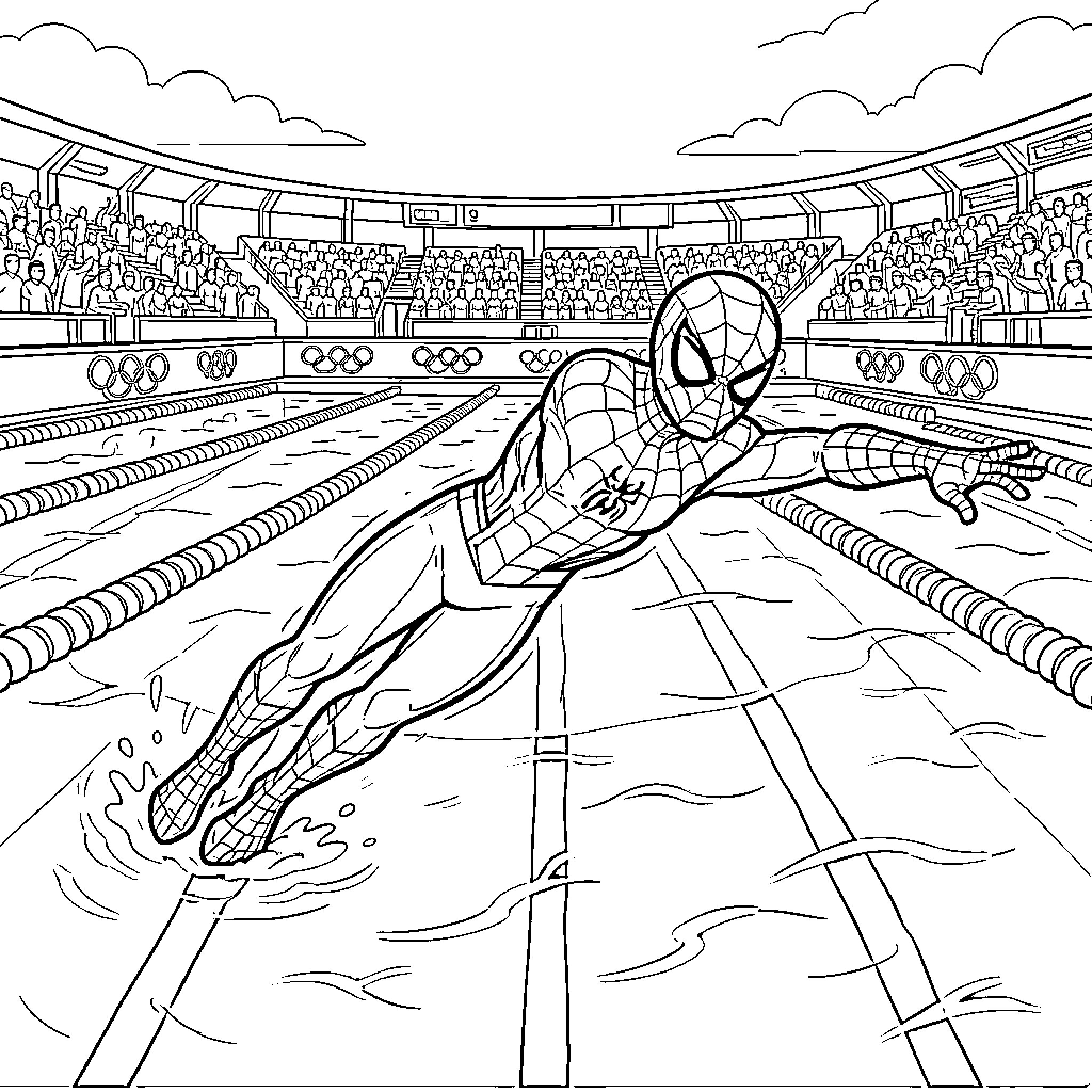 Spiderman swimming in an Olympic-sized pool Coloring Page (free black-and-white line drawing printable PDF for all, from beginners to advanced learners, including children, teens, adults, and seniors)