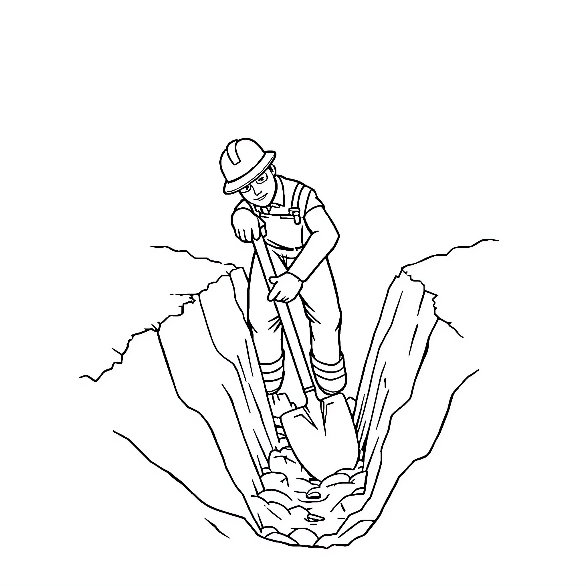 Worker digging in the rocky terrain Coloring Page (free black-and-white line drawing printable PDF for all, from beginners to advanced learners, including children, teens, adults, and seniors)