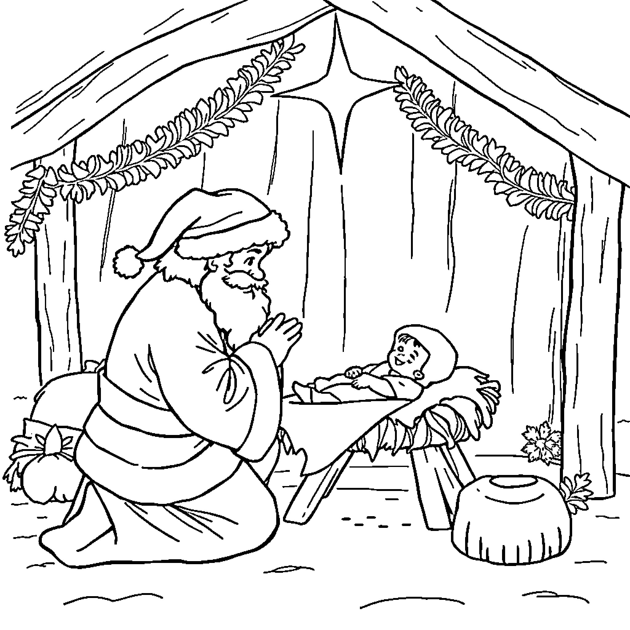 Santa admiring newborn baby in nativity scene Coloring Page (free black-and-white line drawing printable PDF for all, from beginners to advanced learners, including children, teens, adults, and seniors)