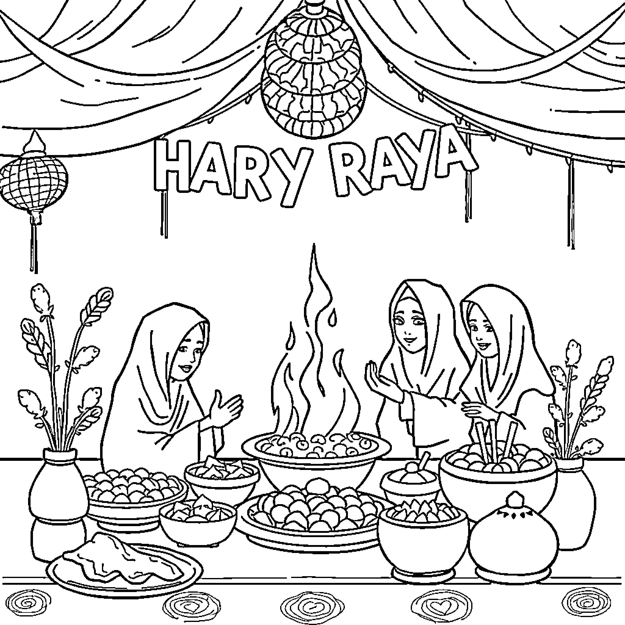 Hari Raya gathering with family and traditional dishes Coloring Page (free black-and-white line drawing printable PDF for all, from beginners to advanced learners, including children, teens, adults, and seniors)