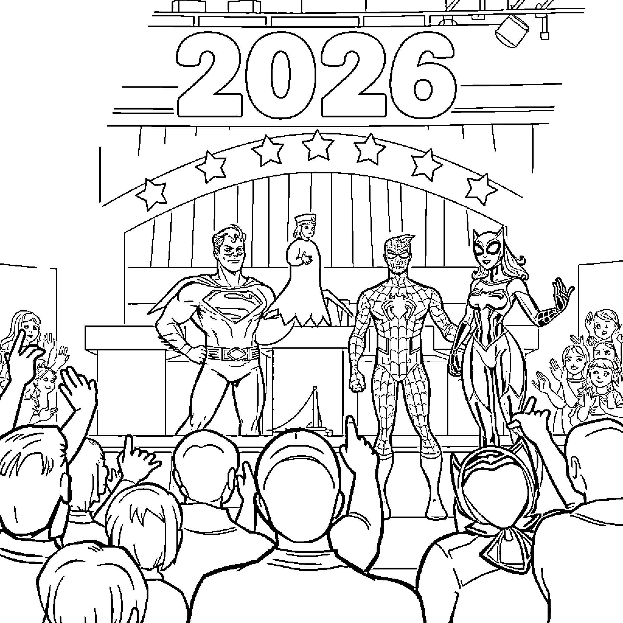 Superhero Characters Performing on Stage in 2026 Coloring Page (free black-and-white line drawing printable PDF for all, from beginners to advanced learners, including children, teens, adults, and seniors)