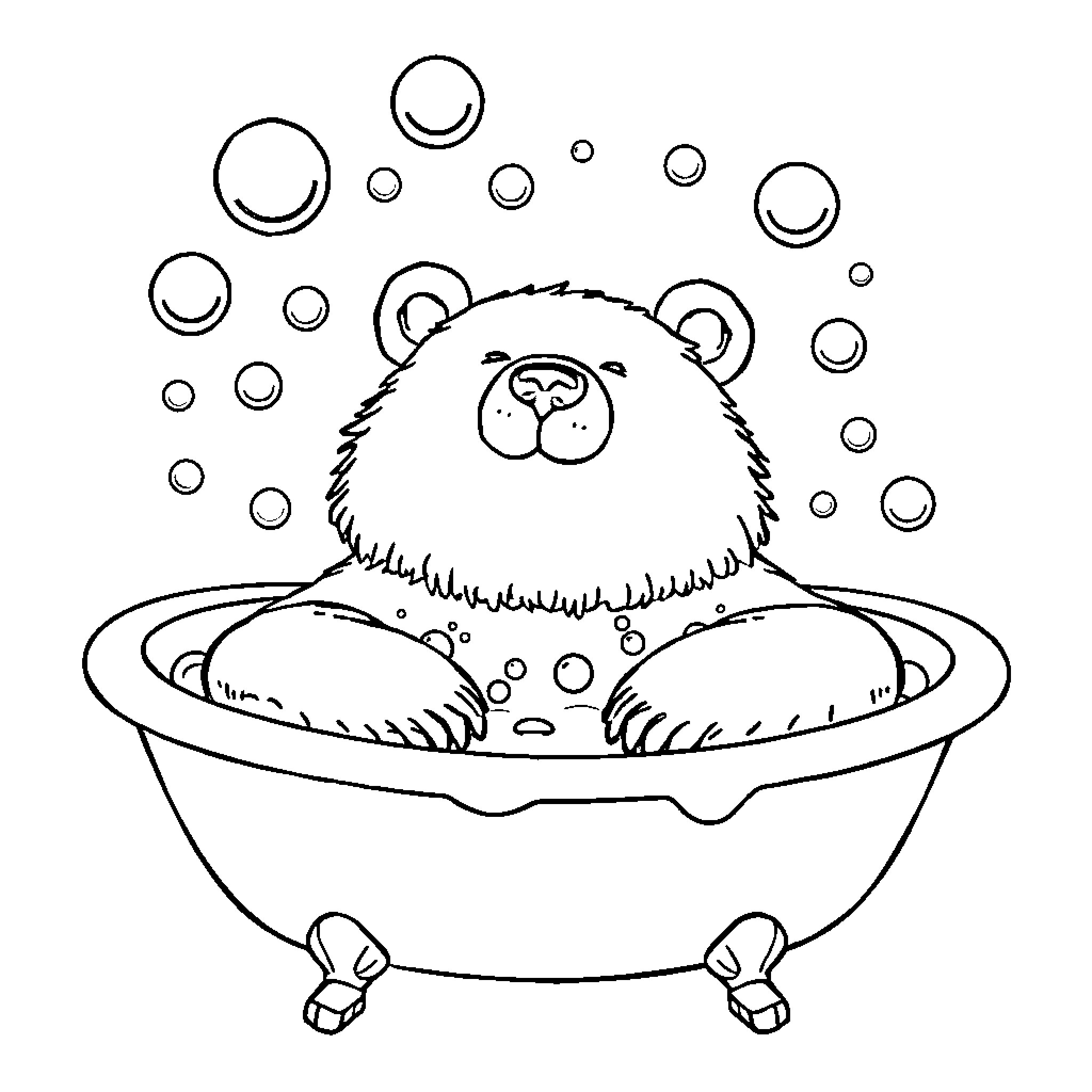 Bear relaxing in a bubble bath Coloring Page (free black-and-white line drawing printable PDF for all, from beginners to advanced learners, including children, teens, adults, and seniors)