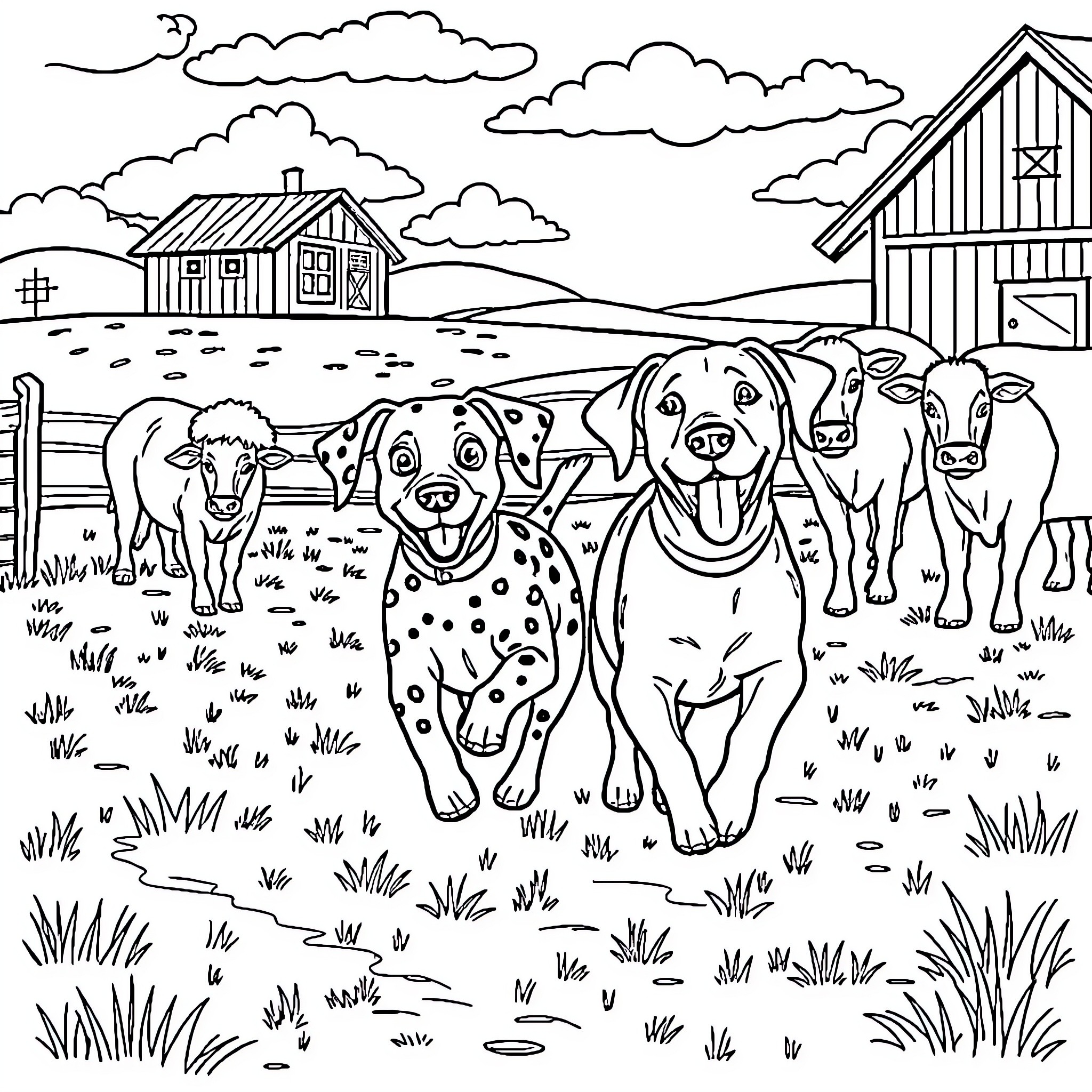 Dalmatian dogs playing happily on a farm Coloring Page (free black-and-white line drawing printable PDF for all, from beginners to advanced learners, including children, teens, adults, and seniors)