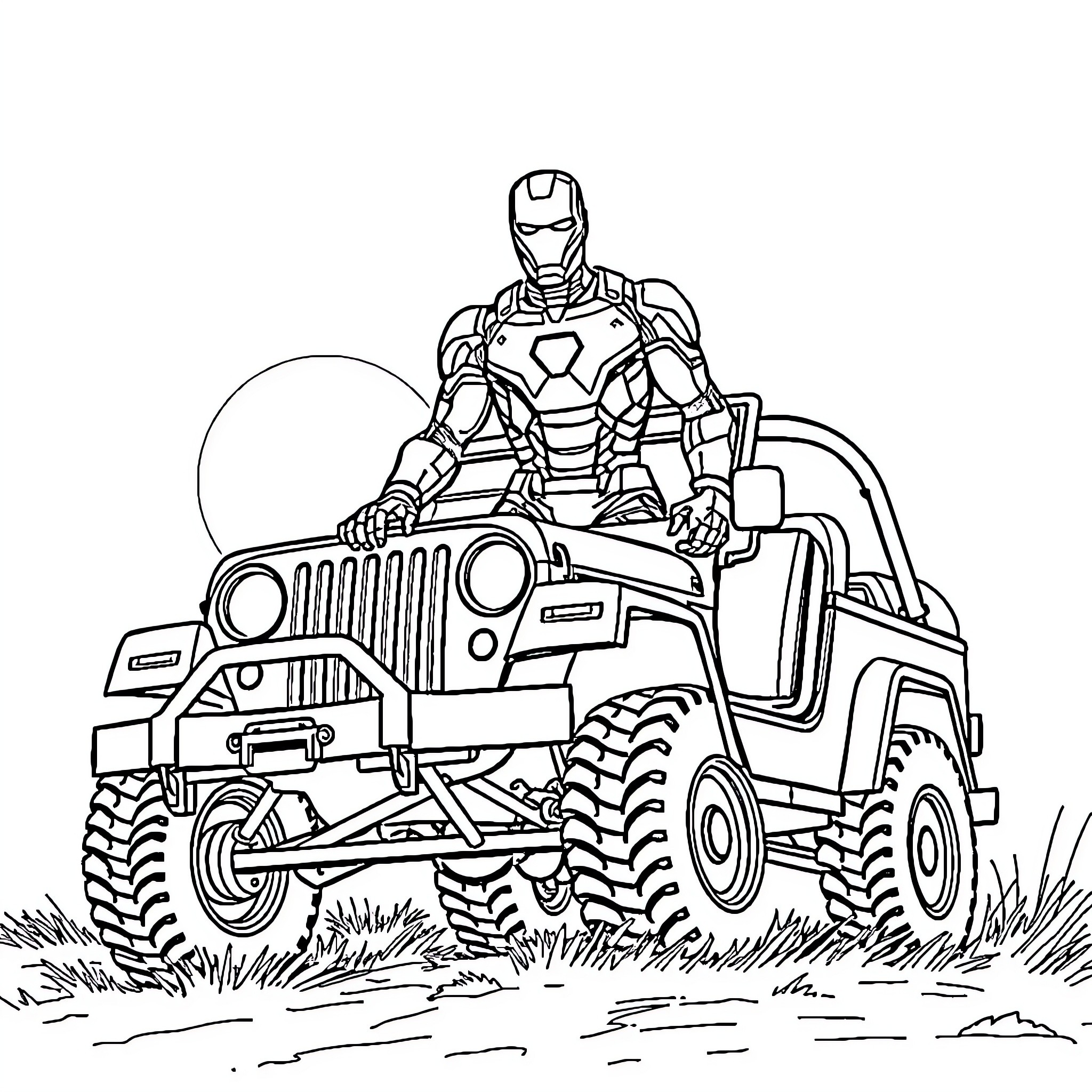 Ironman riding a rugged off-road vehicle Coloring Page (free black-and-white line drawing printable PDF for all, from beginners to advanced learners, including children, teens, adults, and seniors)