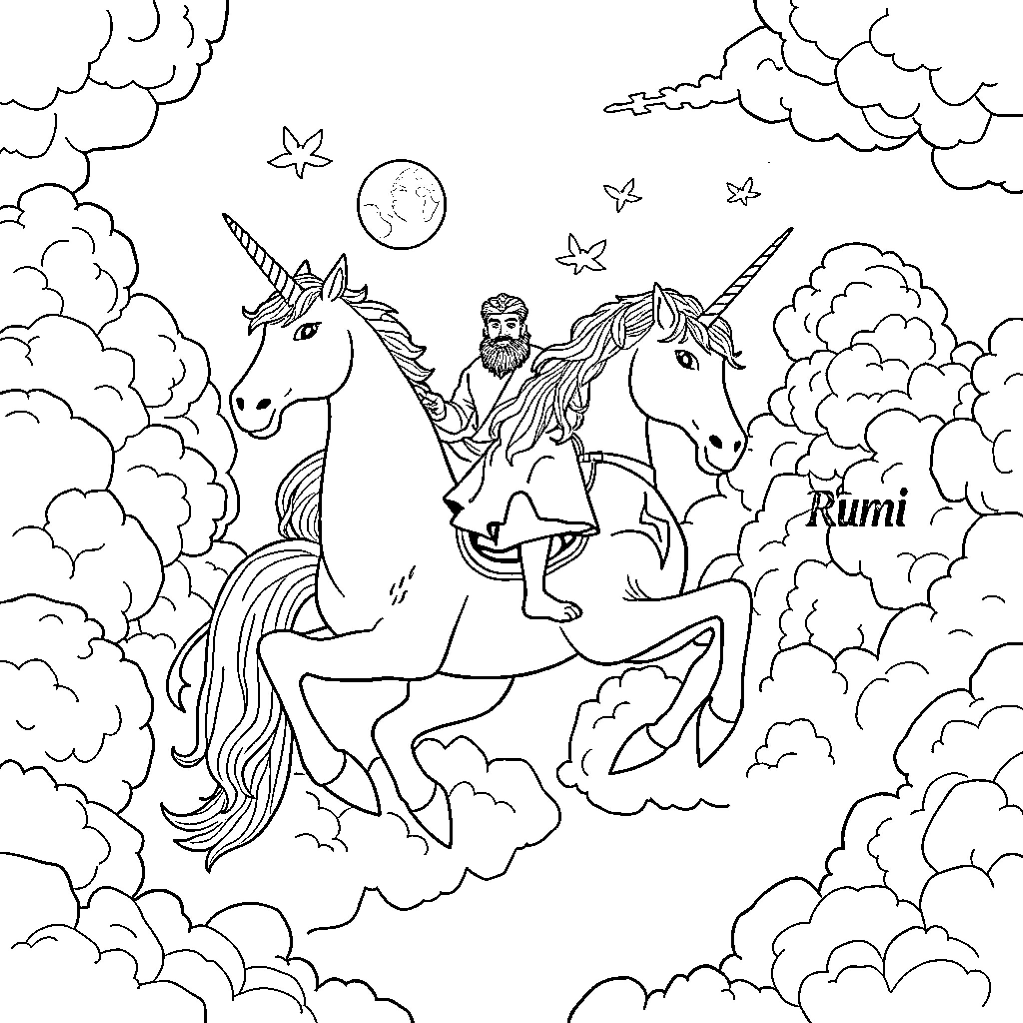 Rumi's Magical Journey on Unicorns Through the Clouds Coloring Page (free black-and-white line drawing printable PDF for all, from beginners to advanced learners, including children, teens, adults, and seniors)