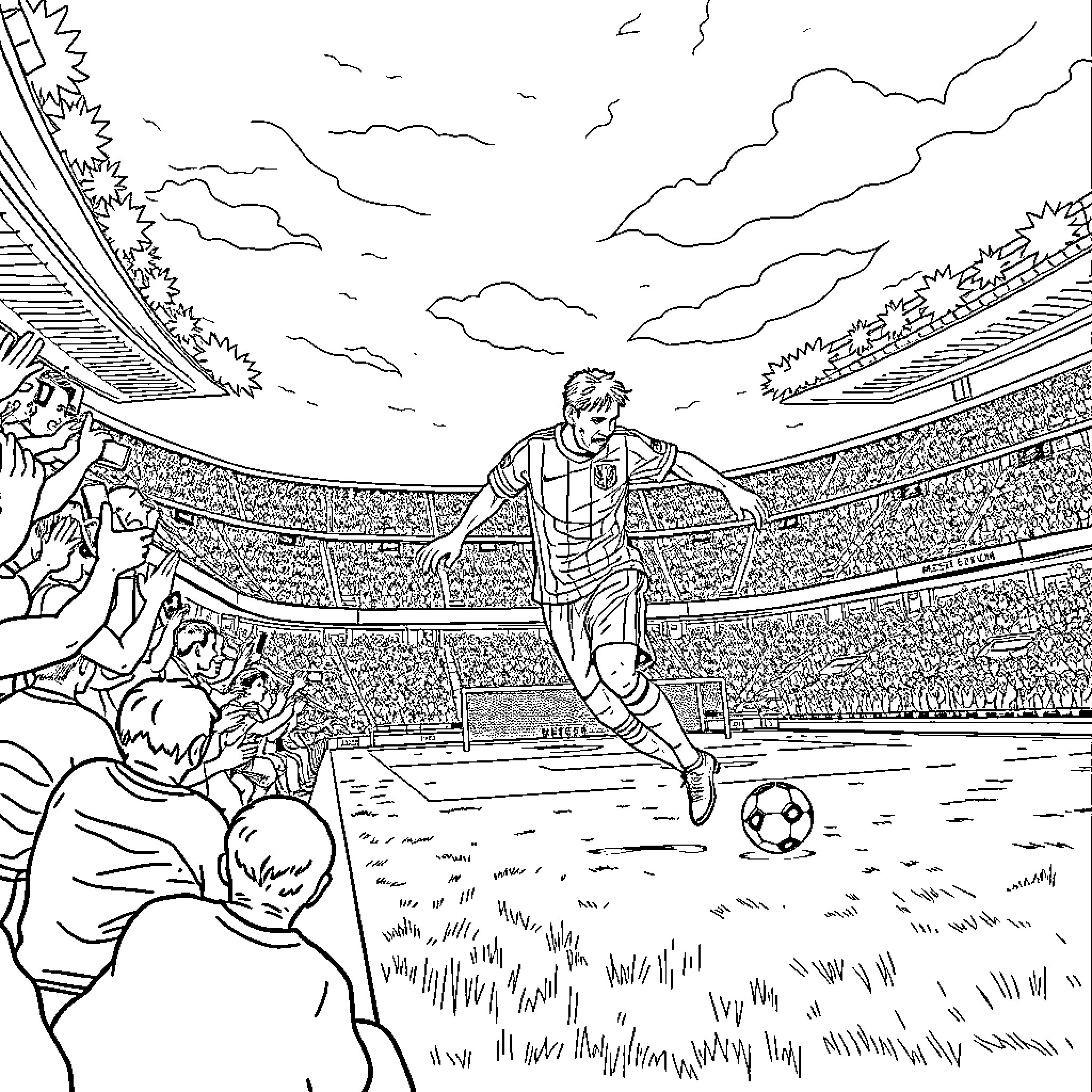 Messi showcasing his skills on the soccer field Coloring Page (free black-and-white line drawing printable PDF for all, from beginners to advanced learners, including children, teens, adults, and seniors)