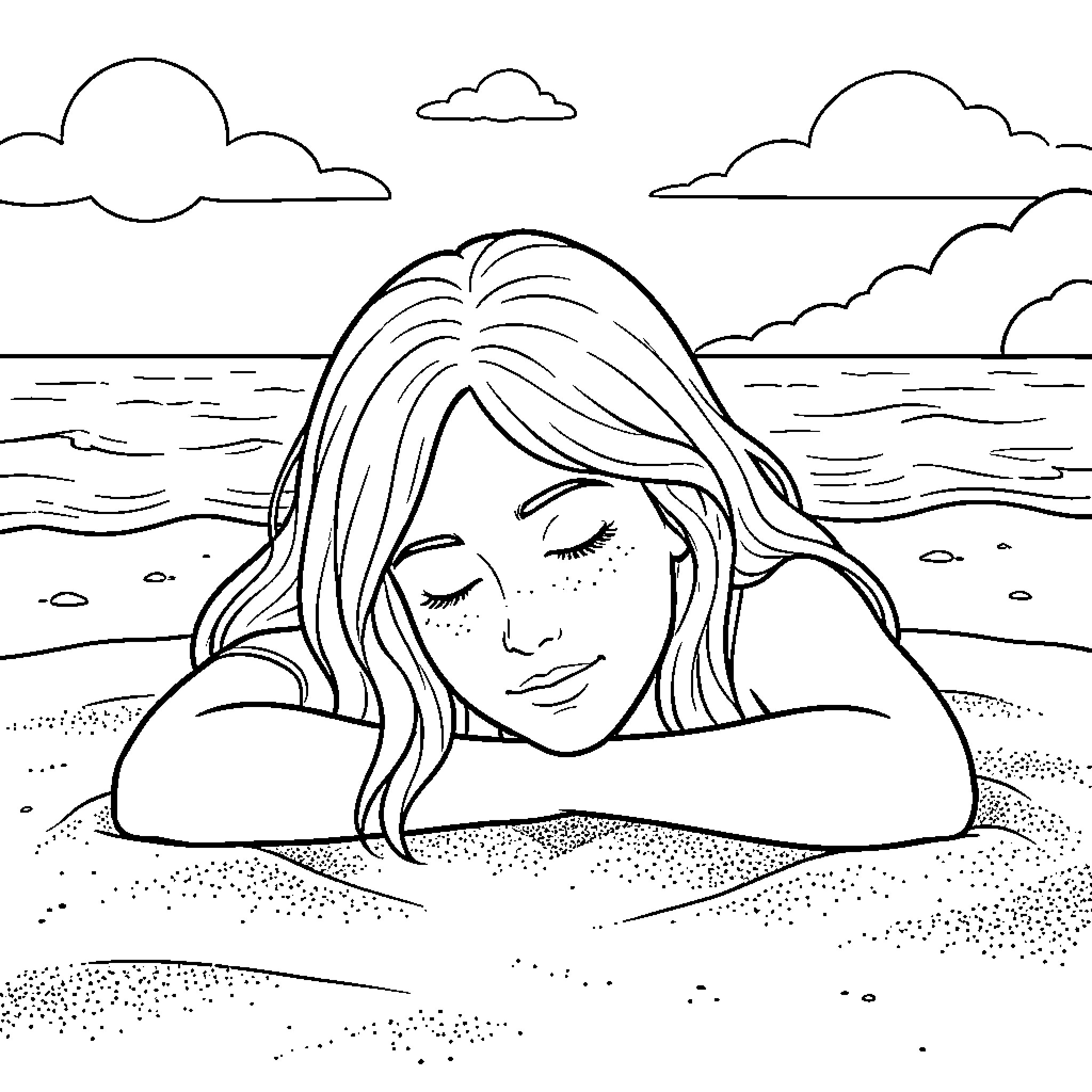 Woman resting peacefully on a sandy beach Coloring Page (free black-and-white line drawing printable PDF for all, from beginners to advanced learners, including children, teens, adults, and seniors)