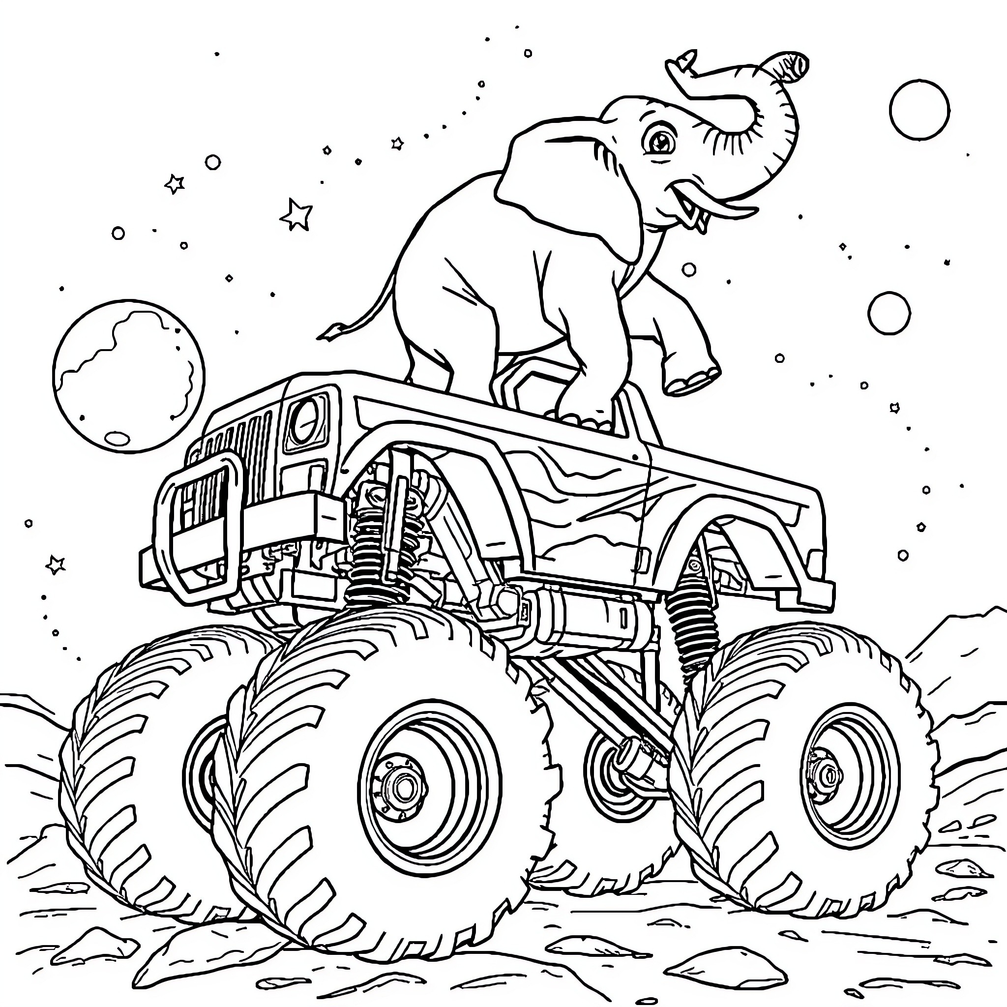 Elephant riding a monster truck under the night sky Coloring Page (free black-and-white line drawing printable PDF for all, from beginners to advanced learners, including children, teens, adults, and seniors)