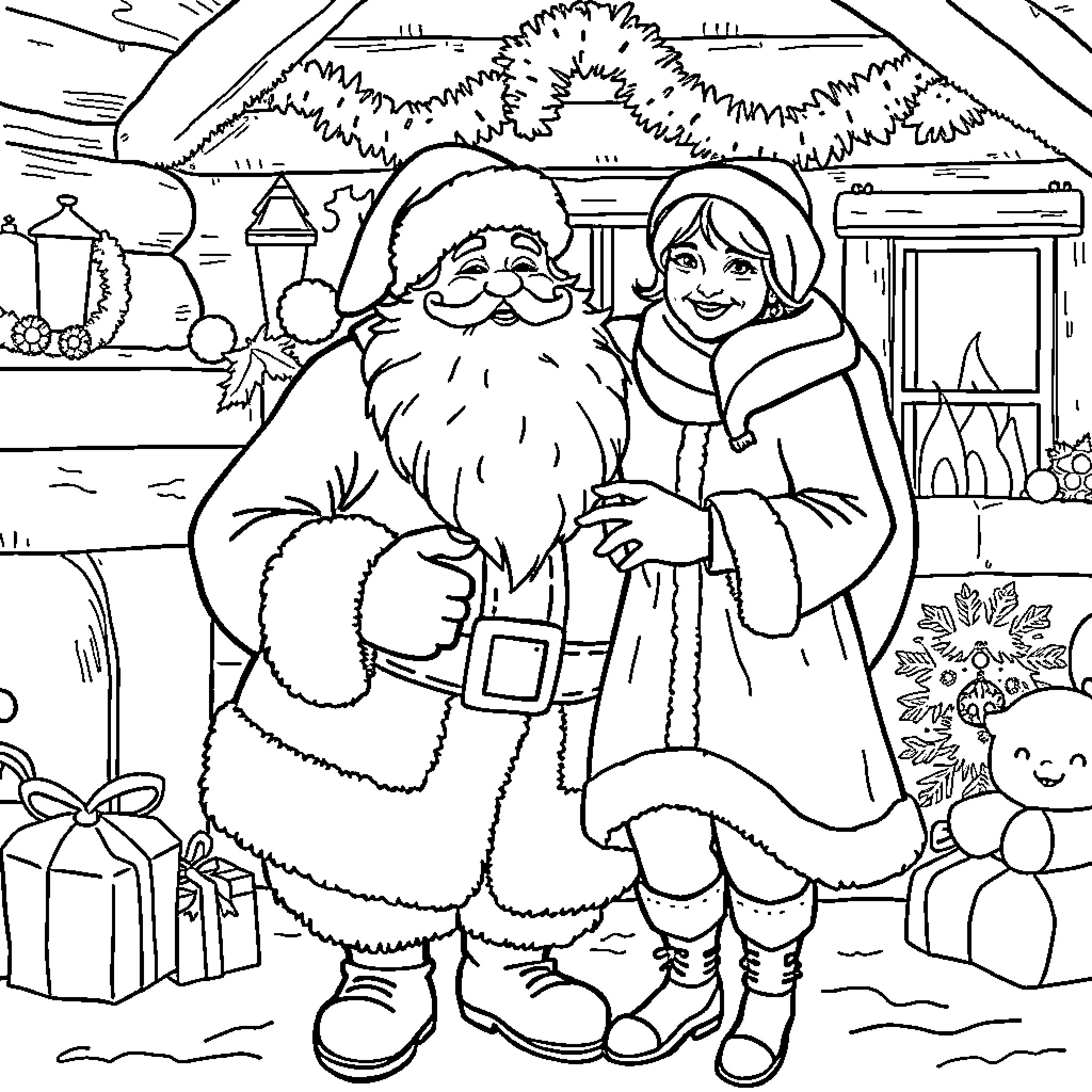Santa Claus greeting a happy young girl in festive scene Coloring Page (free black-and-white line drawing printable PDF for all, from beginners to advanced learners, including children, teens, adults, and seniors)