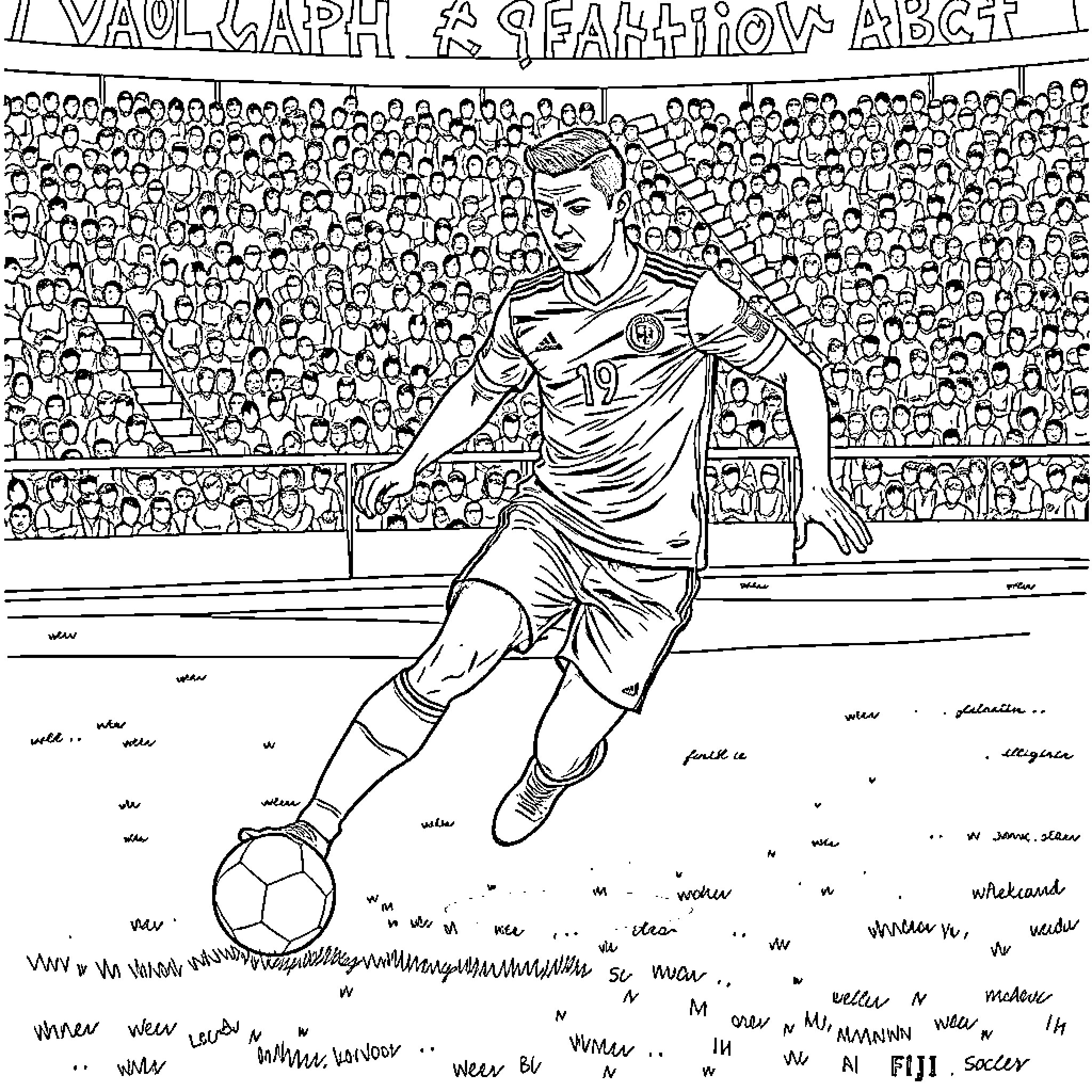 Cristiano Ronaldo playing football on the field Coloring Page (free black-and-white line drawing printable PDF for all, from beginners to advanced learners, including children, teens, adults, and seniors)