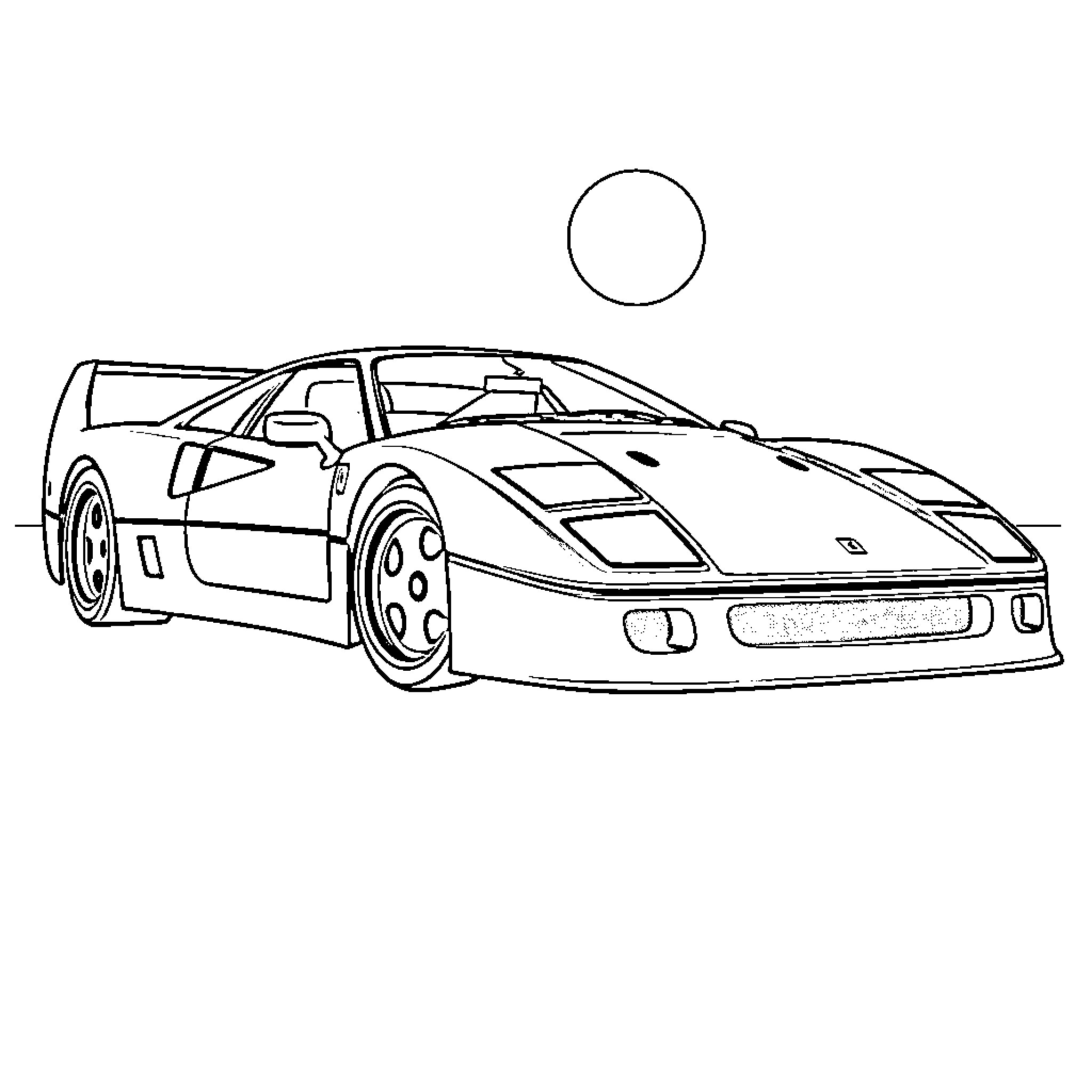 Ferrari sports car in simple line drawing Coloring Page (free black-and-white line drawing printable PDF for all, from beginners to advanced learners, including children, teens, adults, and seniors)