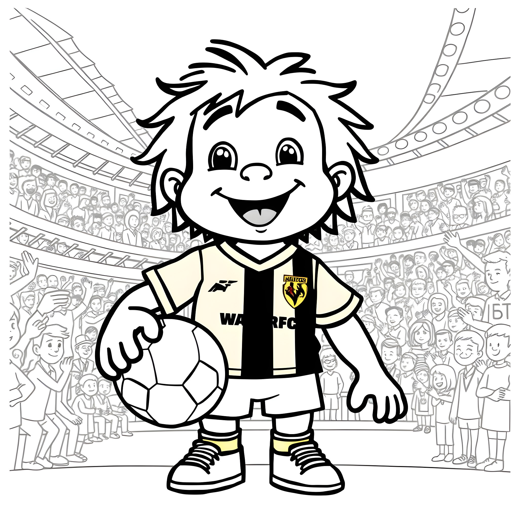 Watford FC mascot playing with soccer ball in stadium Coloring Page (free black-and-white line drawing printable PDF for all, from beginners to advanced learners, including children, teens, adults, and seniors)