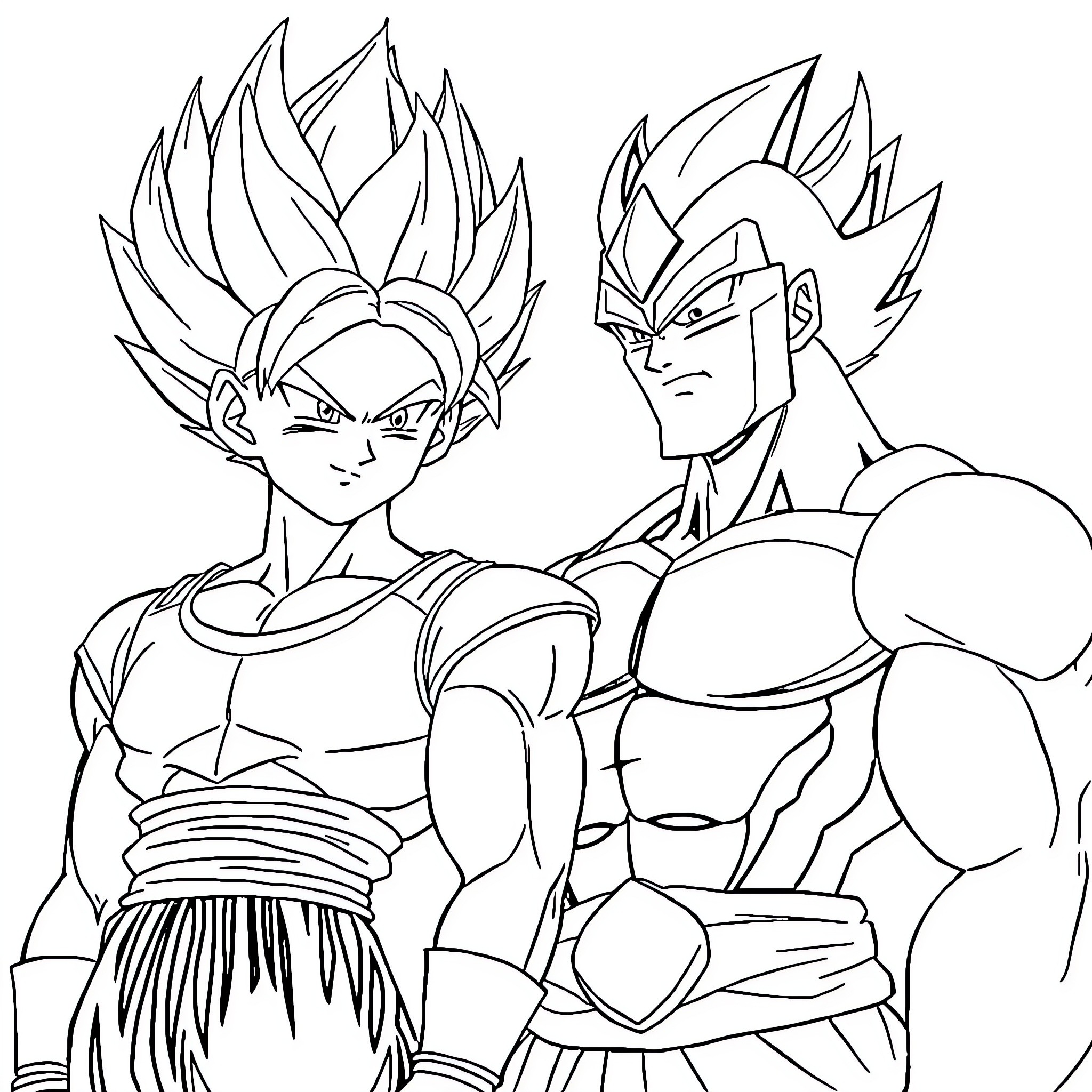 Vegeta and Goku in intense battle stance Coloring Page (free black-and-white line drawing printable PDF for all, from beginners to advanced learners, including children, teens, adults, and seniors)