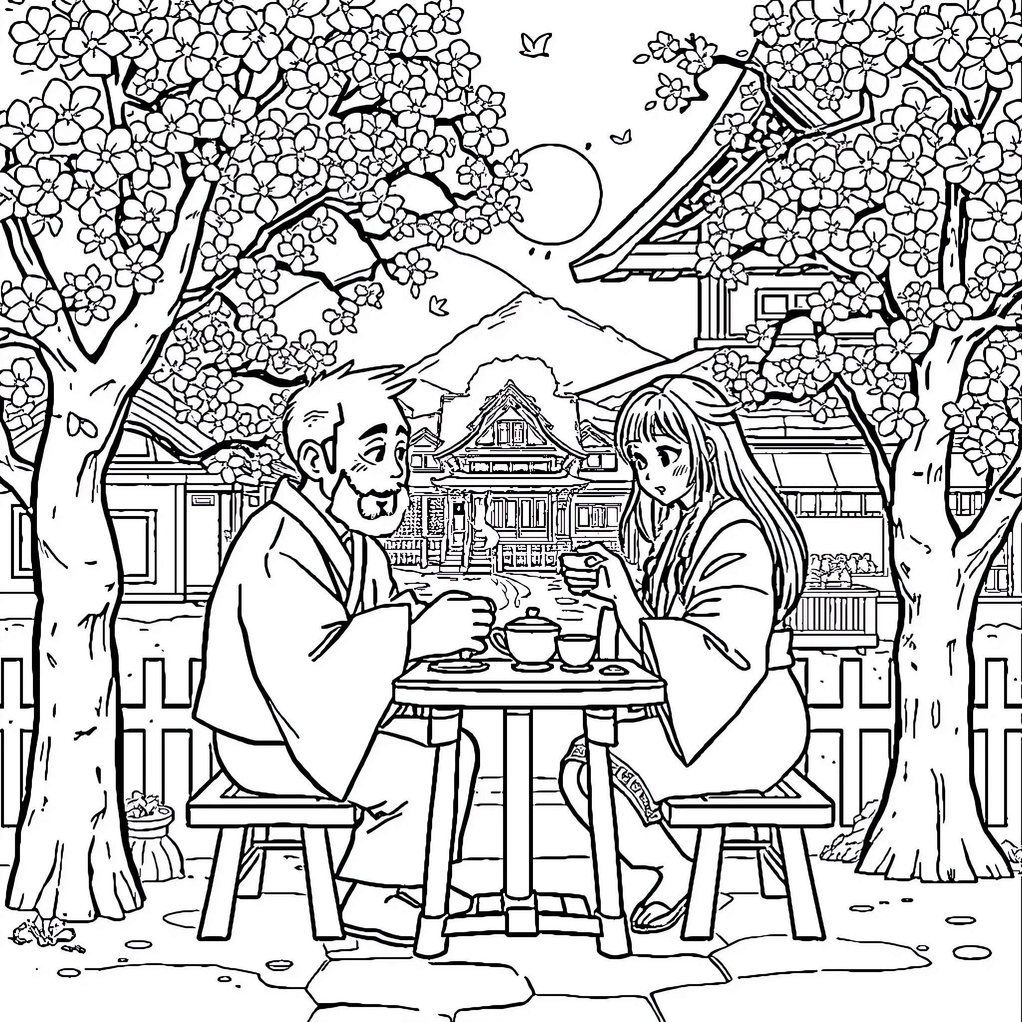 Pain of Shared Moments in a Scenic Setting Coloring Page (free black-and-white line drawing printable PDF for all, from beginners to advanced learners, including children, teens, adults, and seniors)