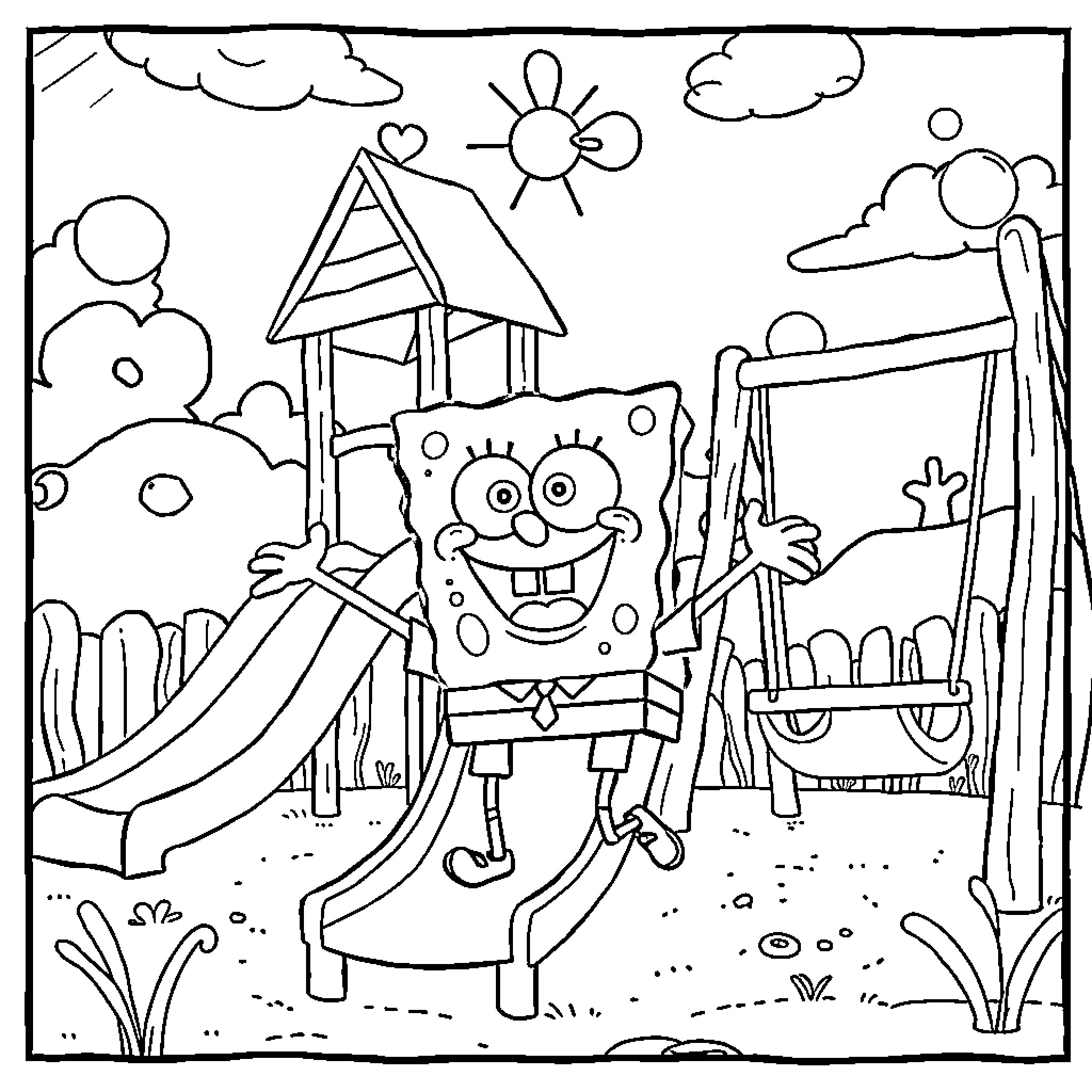 Spongebob enjoying a sunny day at the playground Coloring Page (free black-and-white line drawing printable PDF for all, from beginners to advanced learners, including children, teens, adults, and seniors)
