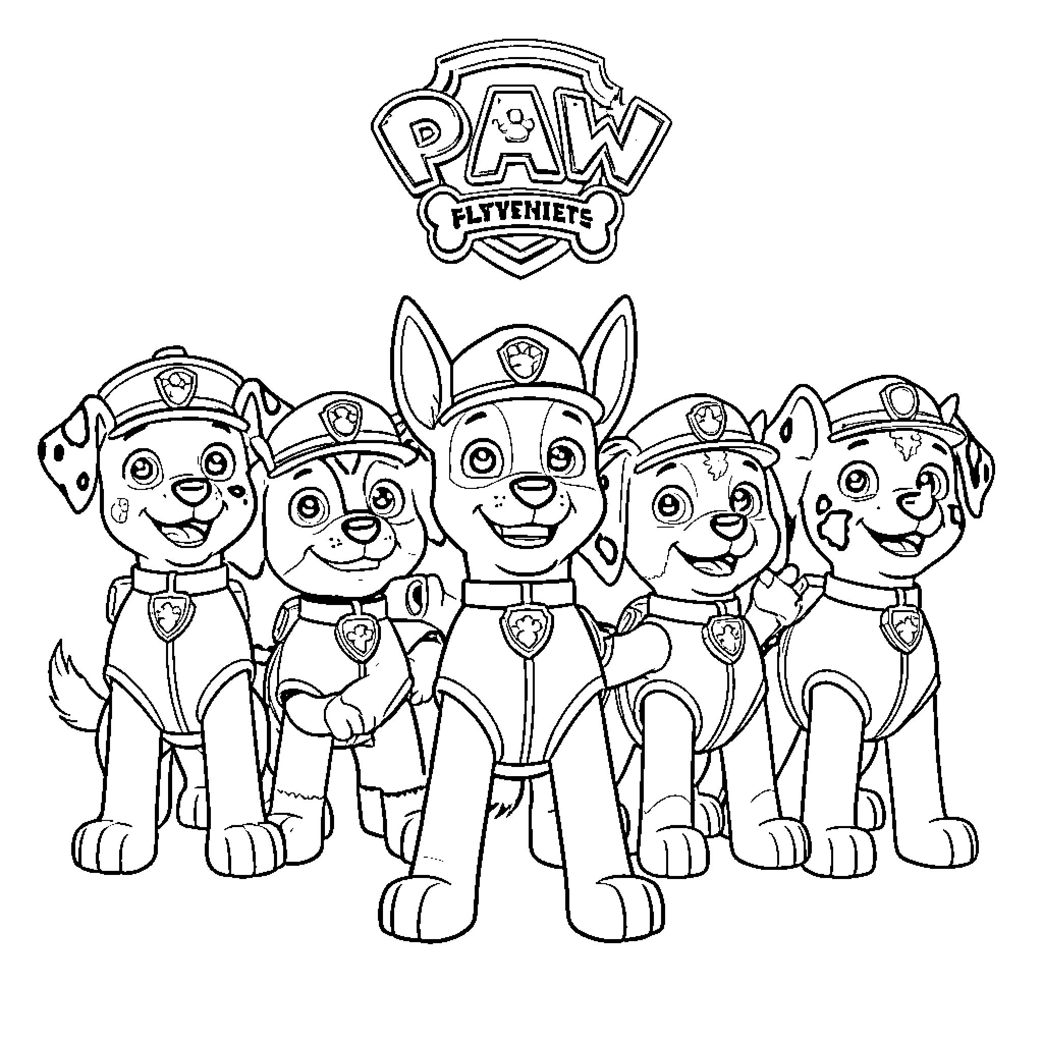 Paw Patrol team in uniform posing together Coloring Page (free black-and-white line drawing printable PDF for all, from beginners to advanced learners, including children, teens, adults, and seniors)