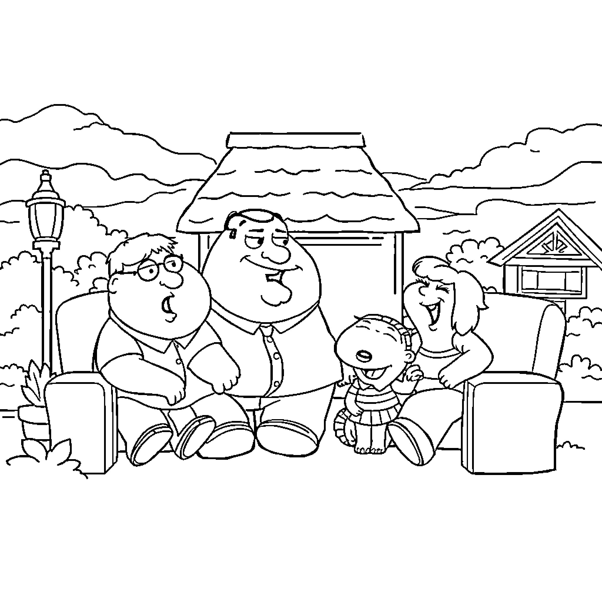 Family Guy Enjoying a Peaceful Outdoor Scene Coloring Page (free black-and-white line drawing printable PDF for all, from beginners to advanced learners, including children, teens, adults, and seniors)