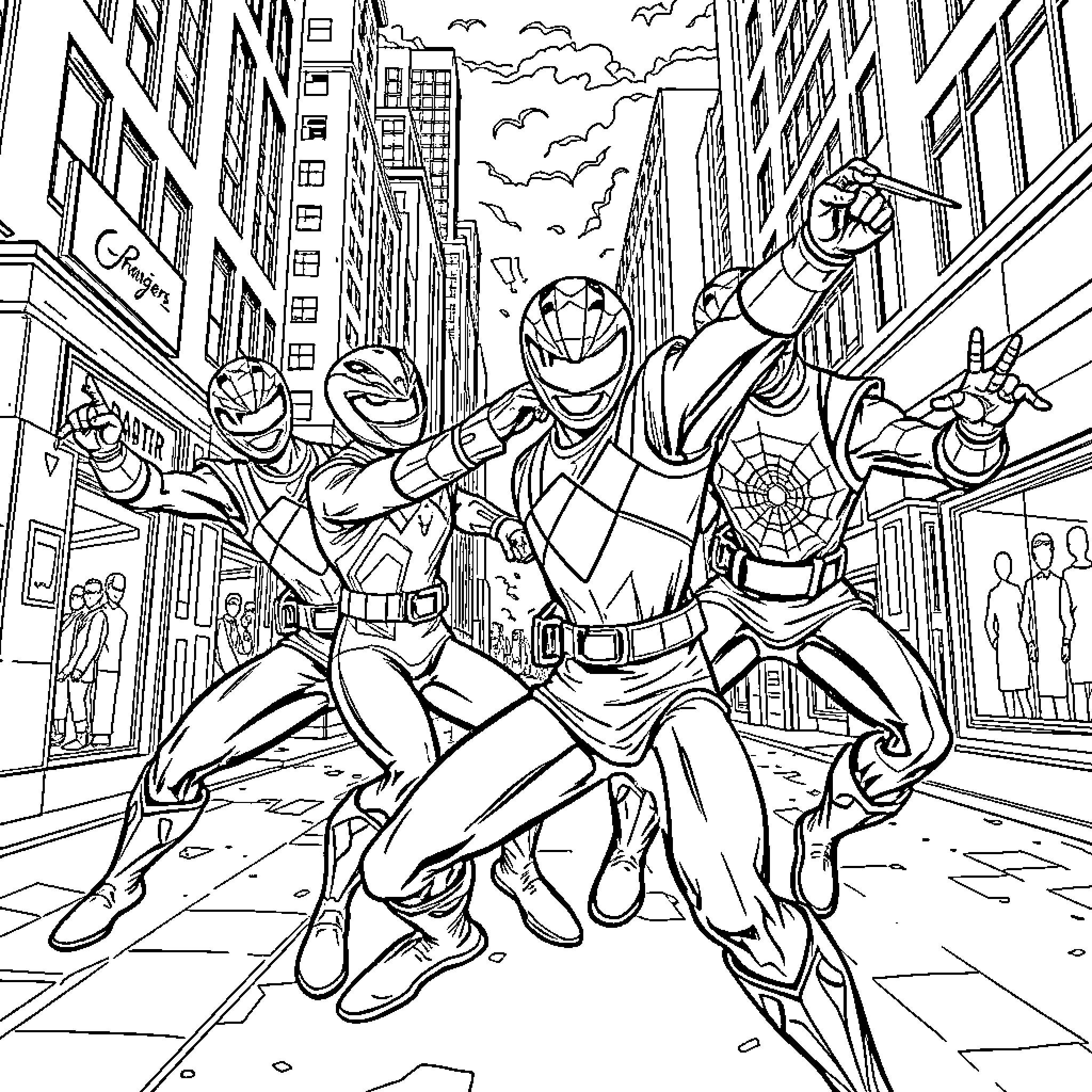 Power Rangers Saving the City Streets Coloring Page (free black-and-white line drawing printable PDF for all, from beginners to advanced learners, including children, teens, adults, and seniors)