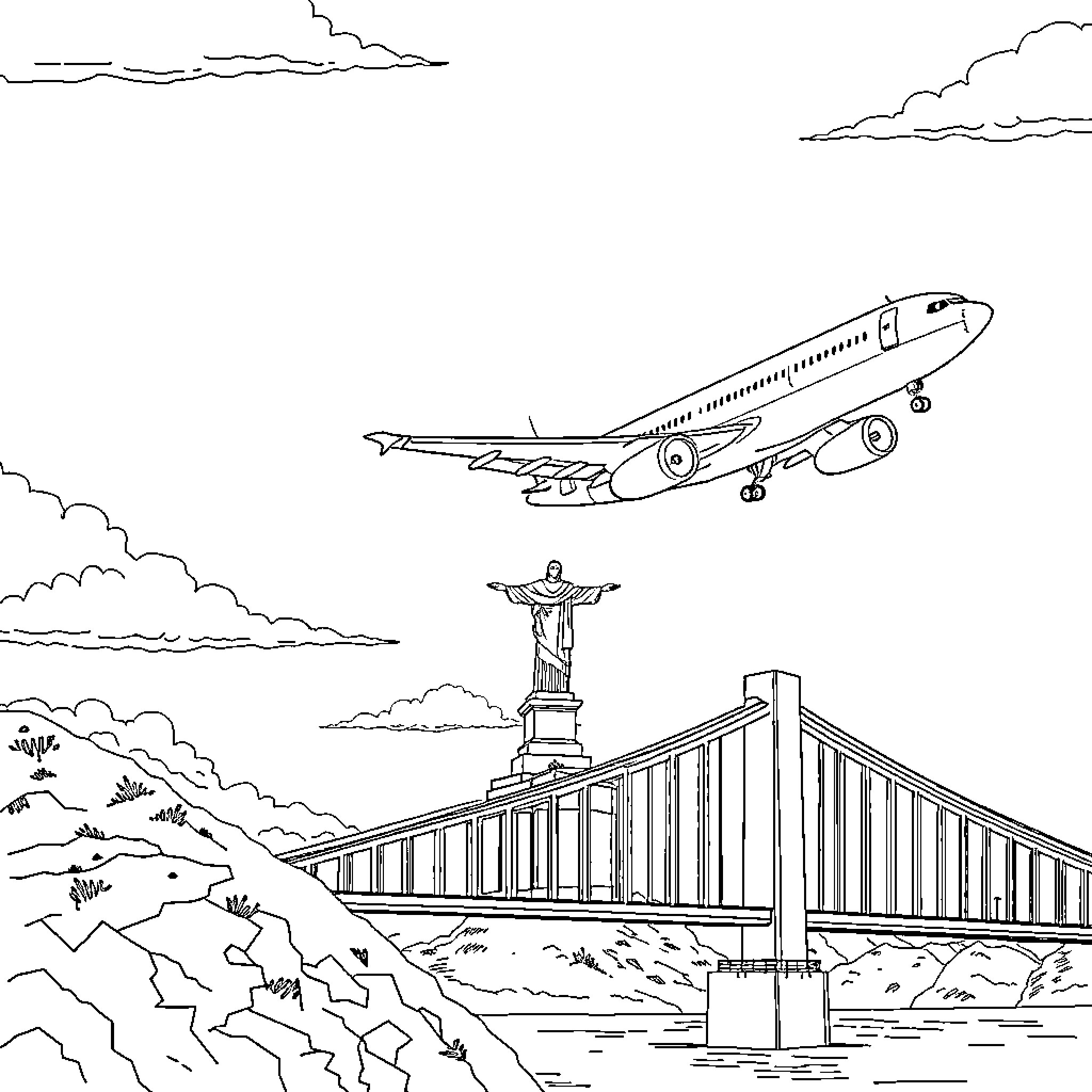 Airplane flying over a famous landmark landscape Coloring Page (free black-and-white line drawing printable PDF for all, from beginners to advanced learners, including children, teens, adults, and seniors)