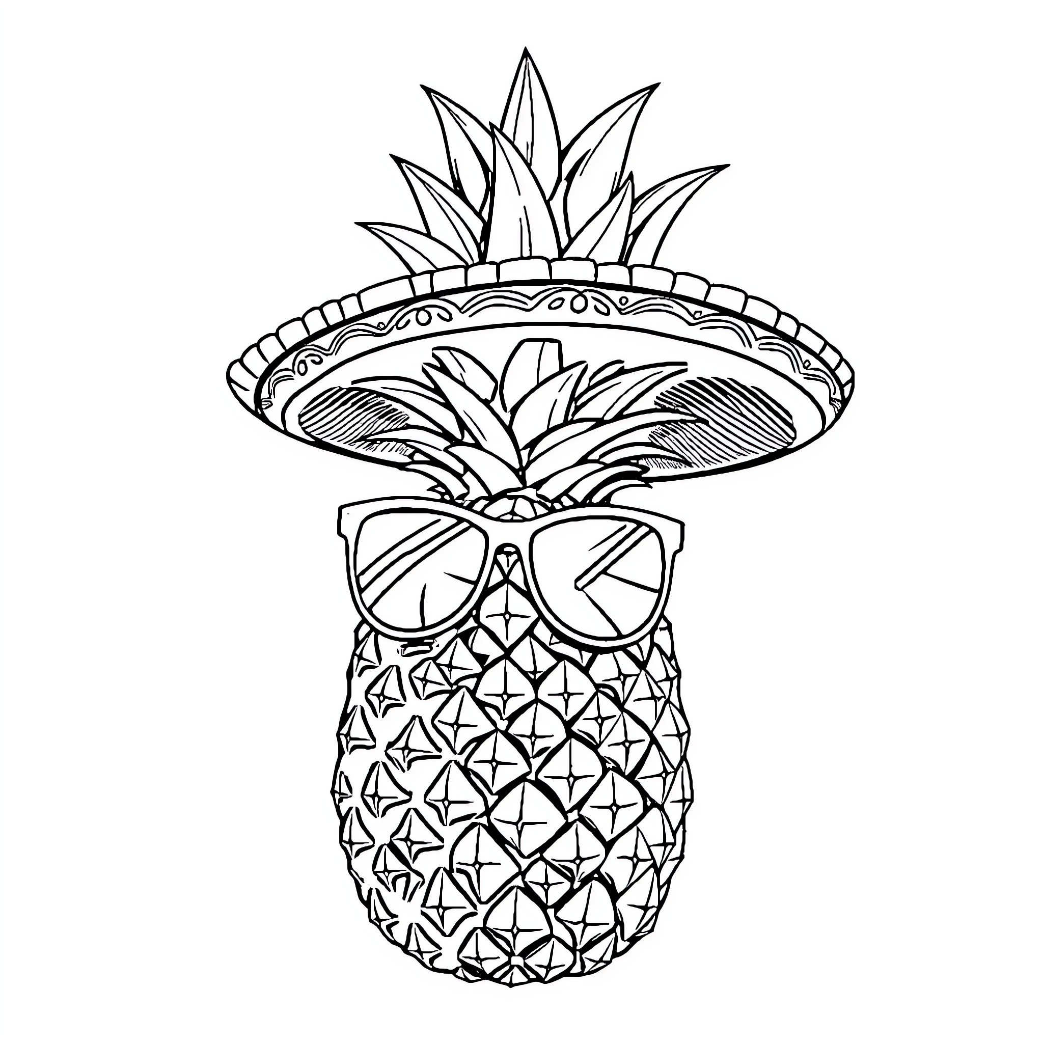 Pineapple with sunglasses in a decorative frame Coloring Page (free black-and-white line drawing printable PDF for all, from beginners to advanced learners, including children, teens, adults, and seniors)