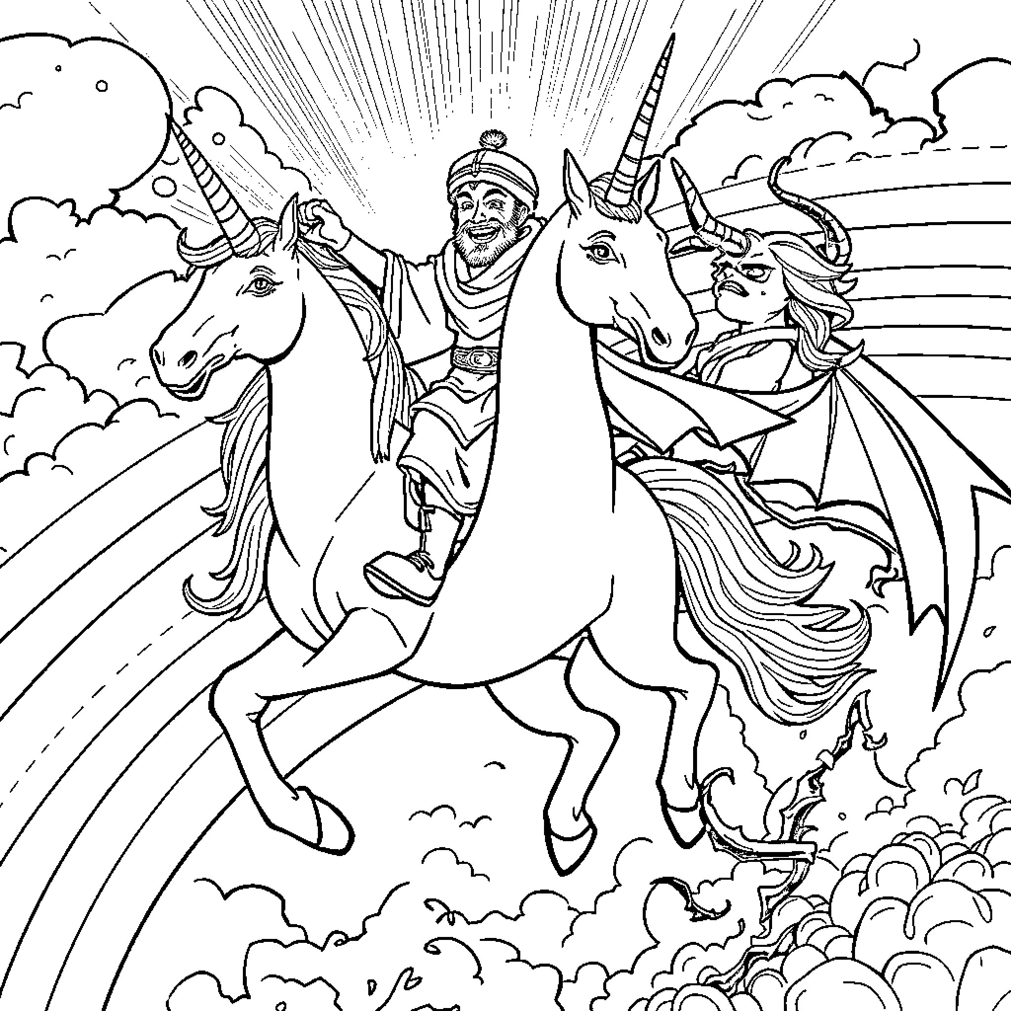Rumi riding a magical unicorn through a fantastical landscape Coloring Page (free black-and-white line drawing printable PDF for all, from beginners to advanced learners, including children, teens, adults, and seniors)