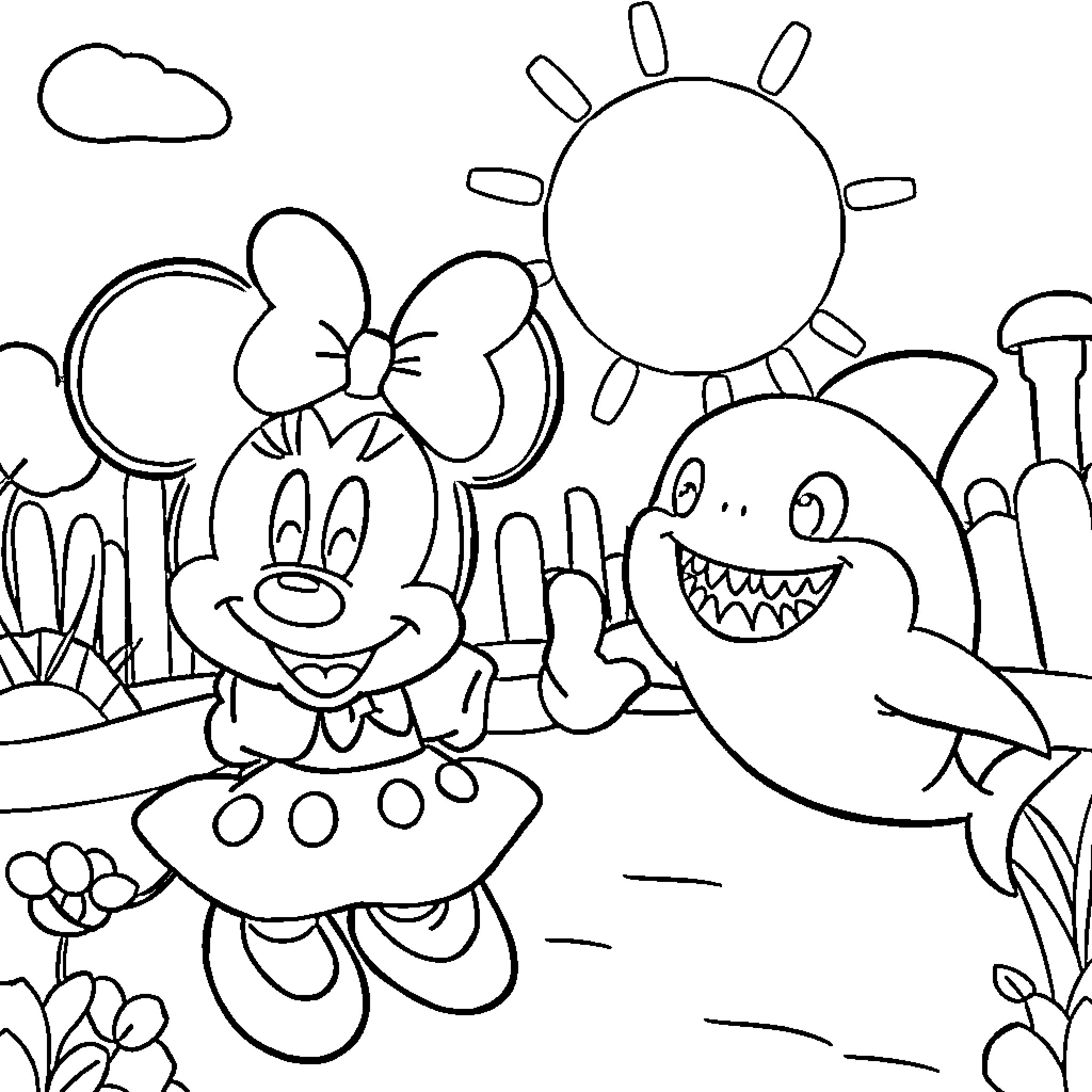 Minnie Mouse and Shark Playing in Sunny Park Coloring Page (free black-and-white line drawing printable PDF for all, from beginners to advanced learners, including children, teens, adults, and seniors)