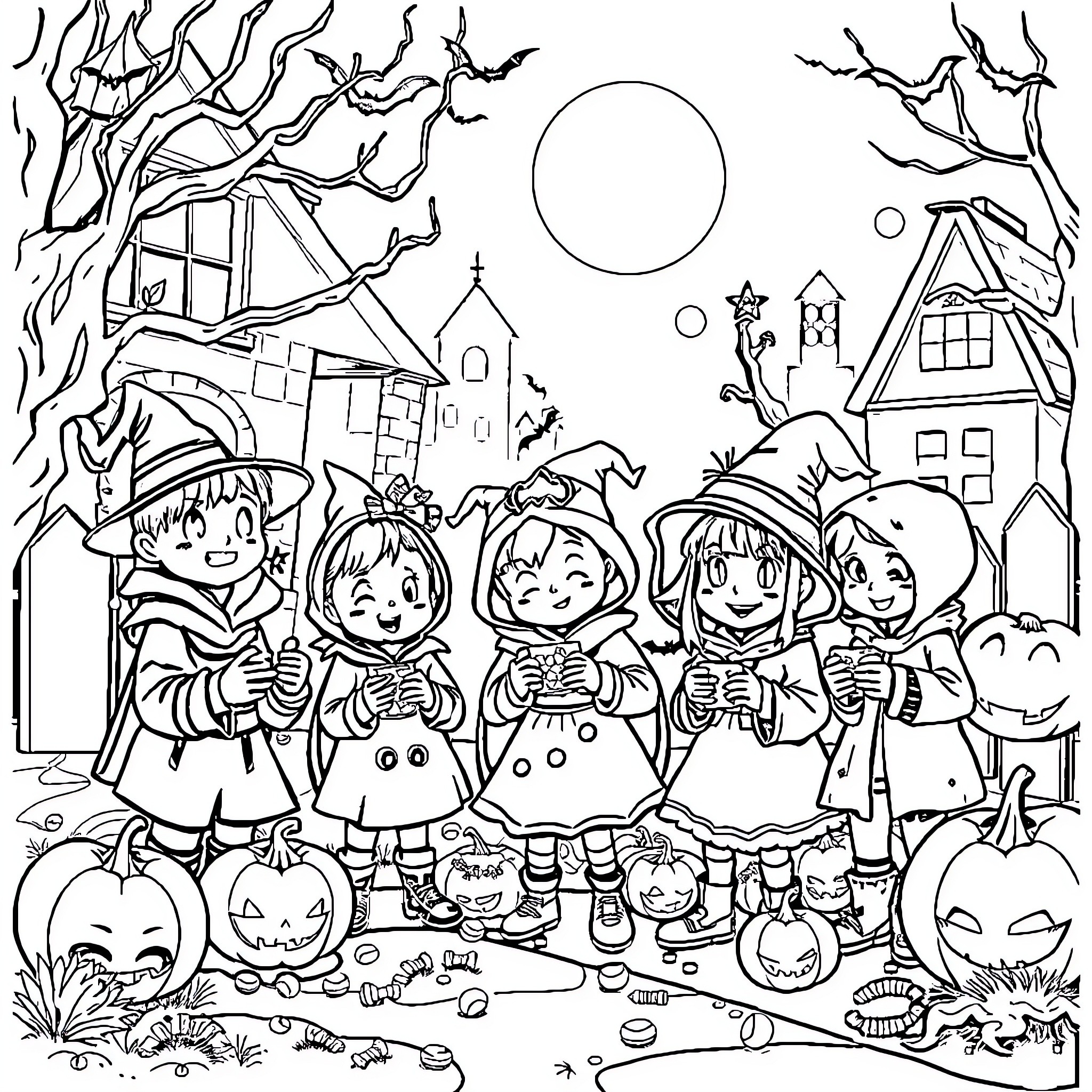 Halloween Trick-or-Treating in the Neighborhood Coloring Page (free black-and-white line drawing printable PDF for all, from beginners to advanced learners, including children, teens, adults, and seniors)