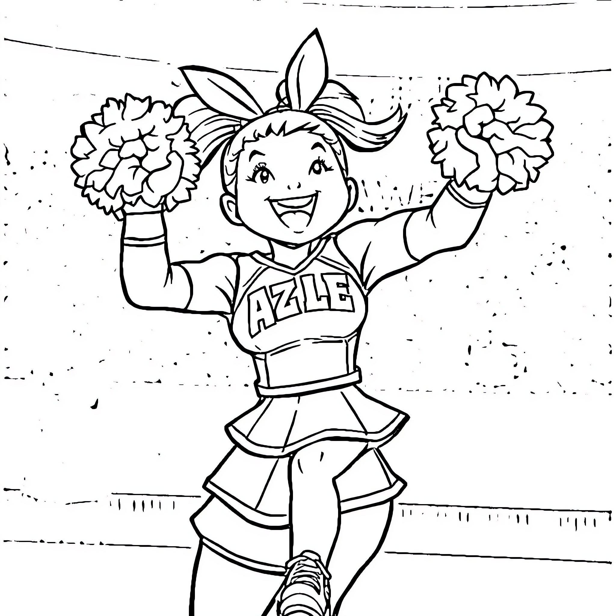 Cheerleader in energetic pose with pompoms Coloring Page (free black-and-white line drawing printable PDF for all, from beginners to advanced learners, including children, teens, adults, and seniors)