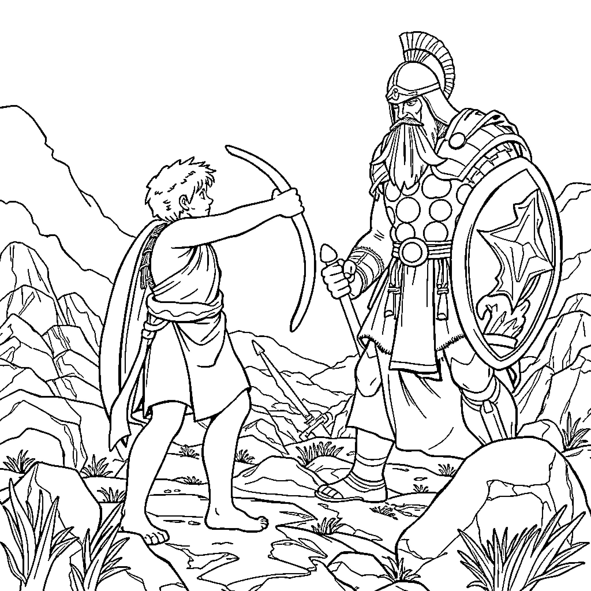 David and Goliath - Warrior and Shepherd Face Off Coloring Page (free black-and-white line drawing printable PDF for all, from beginners to advanced learners, including children, teens, adults, and seniors)