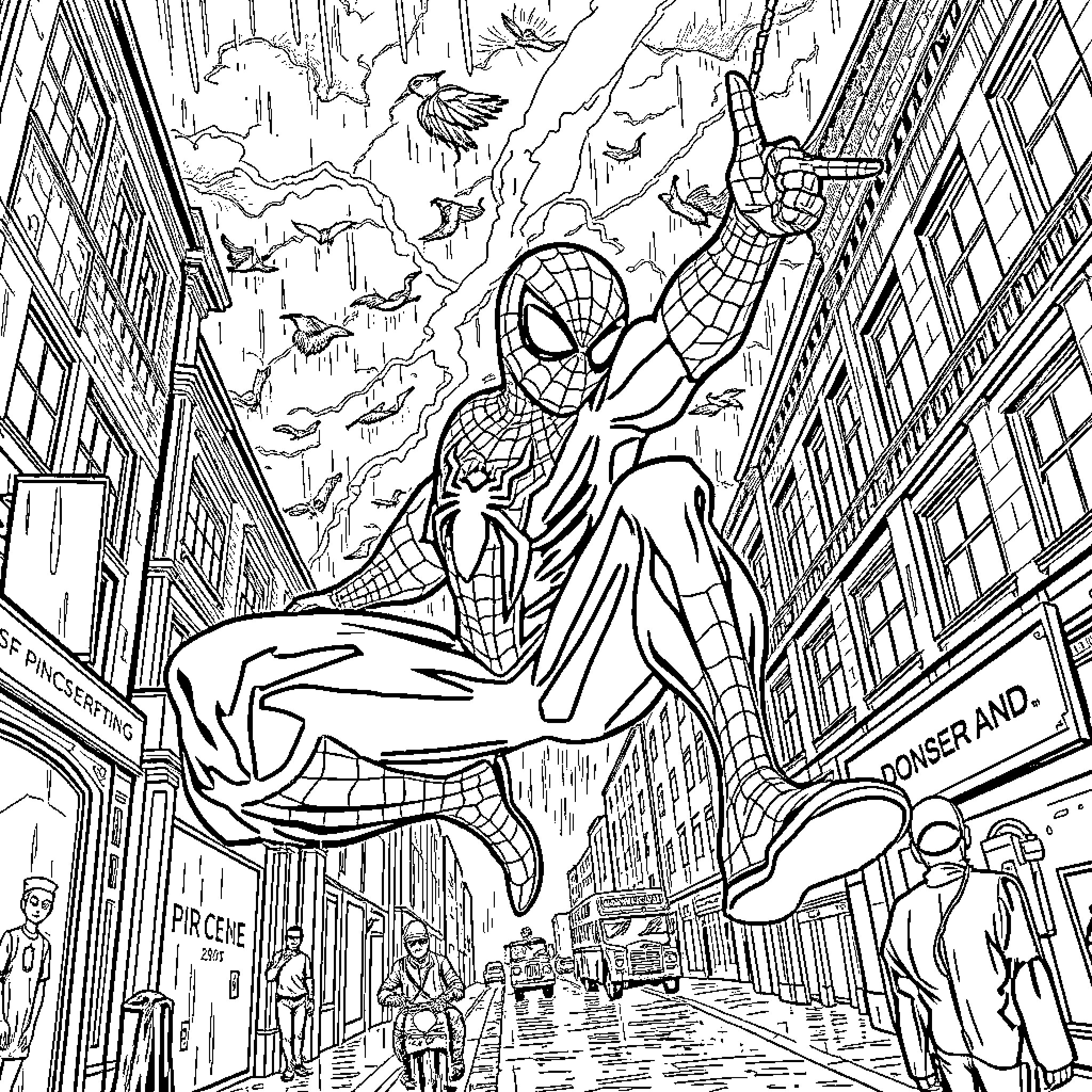 Spider-Man swinging through the city in action Coloring Page (free black-and-white line drawing printable PDF for all, from beginners to advanced learners, including children, teens, adults, and seniors)