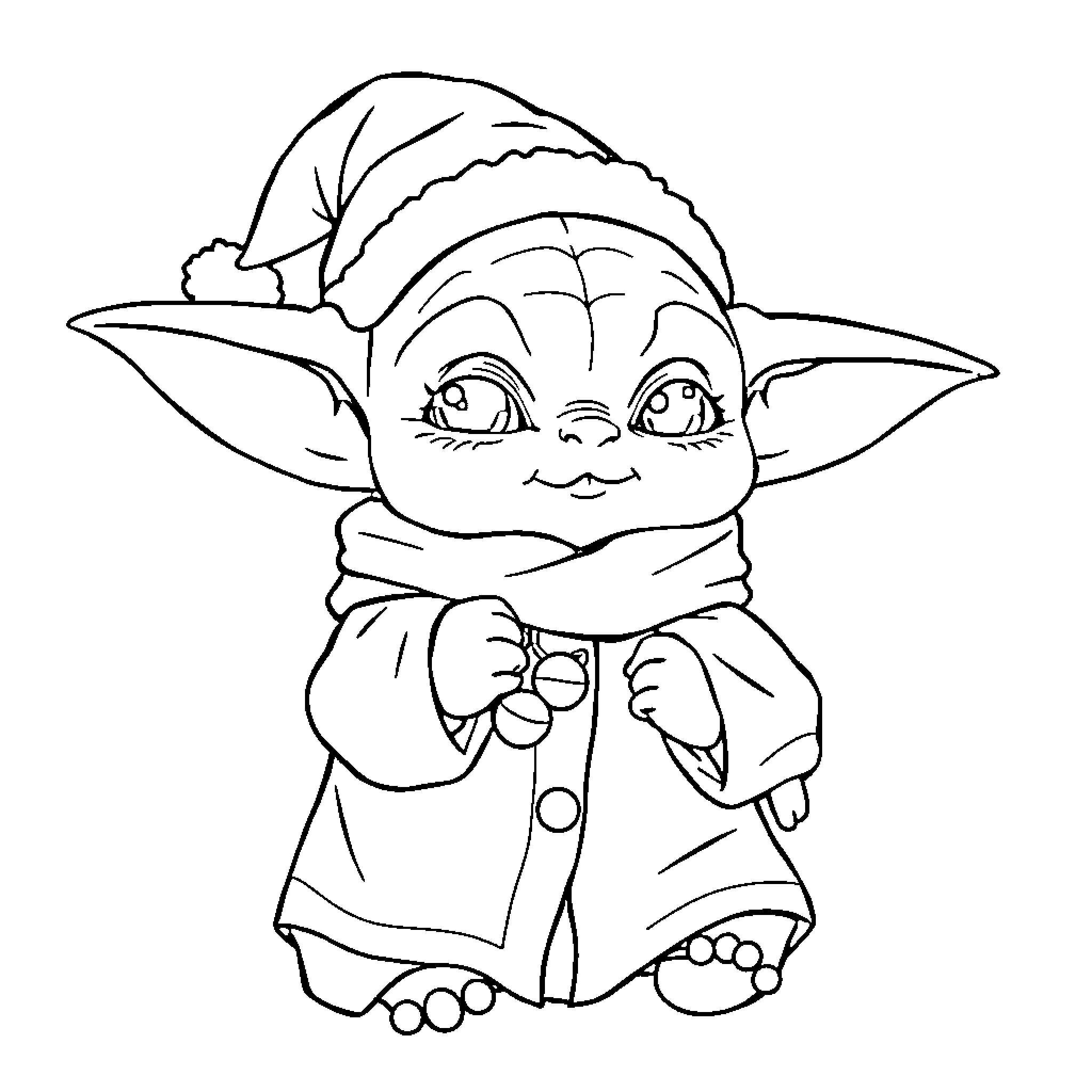 Baby Yoda in winter outfit with a smile Coloring Page (free black-and-white line drawing printable PDF for all, from beginners to advanced learners, including children, teens, adults, and seniors)