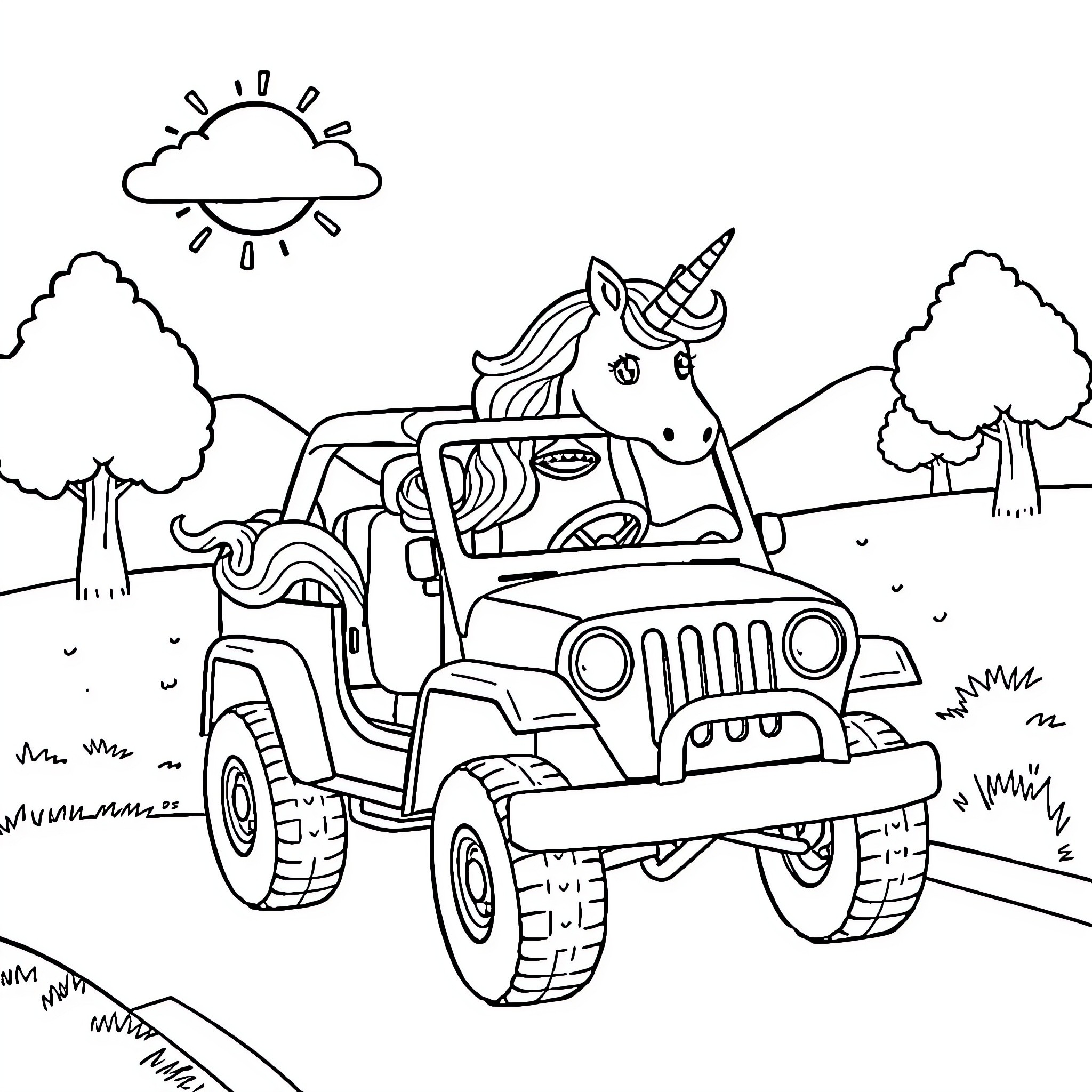 Unicorn riding a jeep in the countryside Coloring Page (free black-and-white line drawing printable PDF for all, from beginners to advanced learners, including children, teens, adults, and seniors)