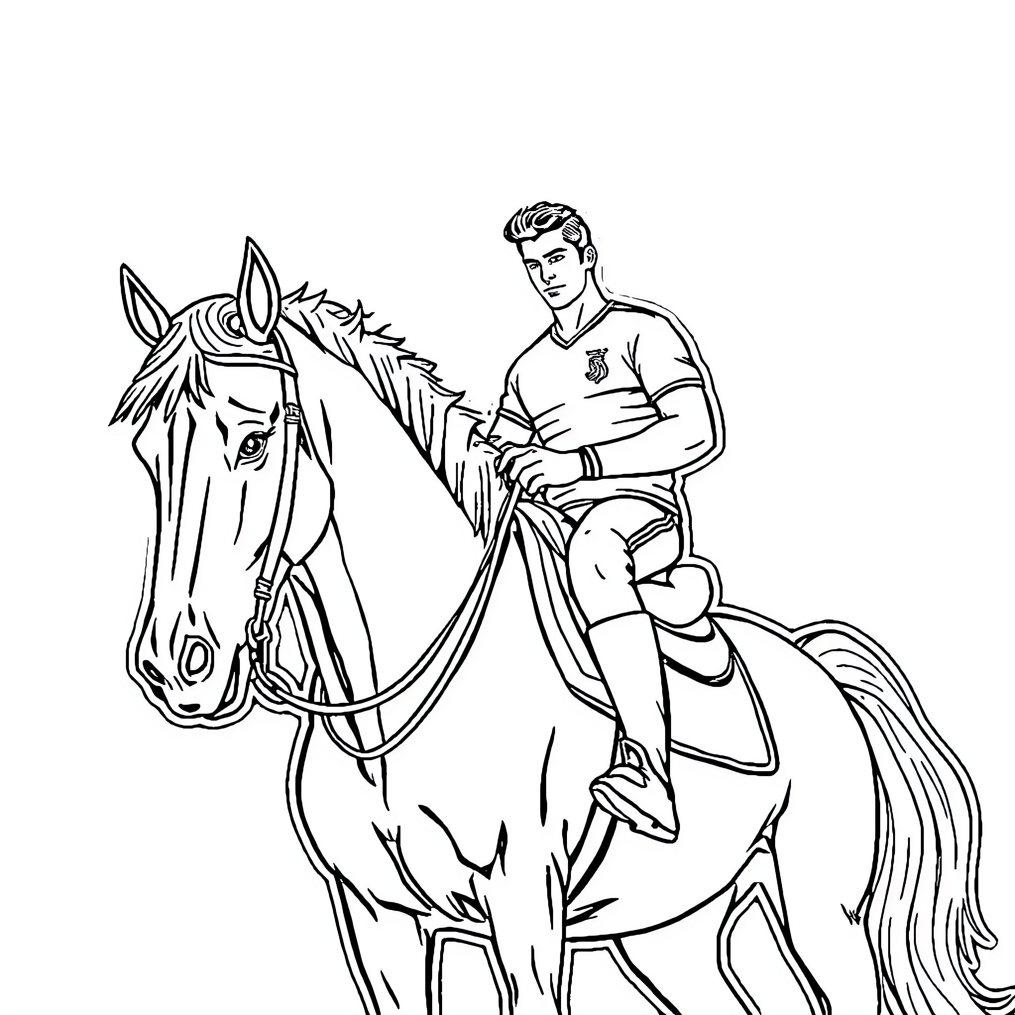 Ronaldo Riding Majestic Horse on Field Coloring Page (free black-and-white line drawing printable PDF for all, from beginners to advanced learners, including children, teens, adults, and seniors)
