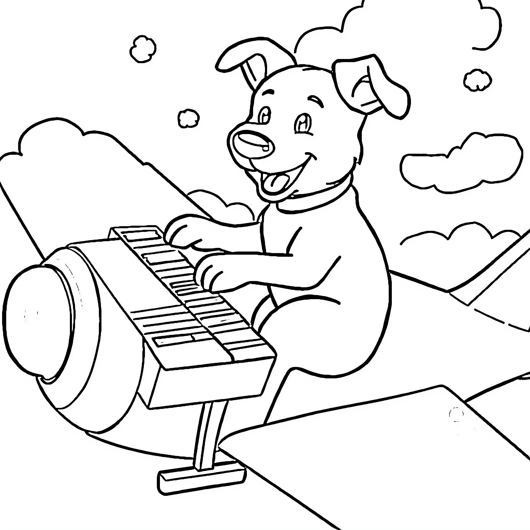 Dog playing happily on a piano in the mountains Coloring Page (free black-and-white line drawing printable PDF for all, from beginners to advanced learners, including children, teens, adults, and seniors)