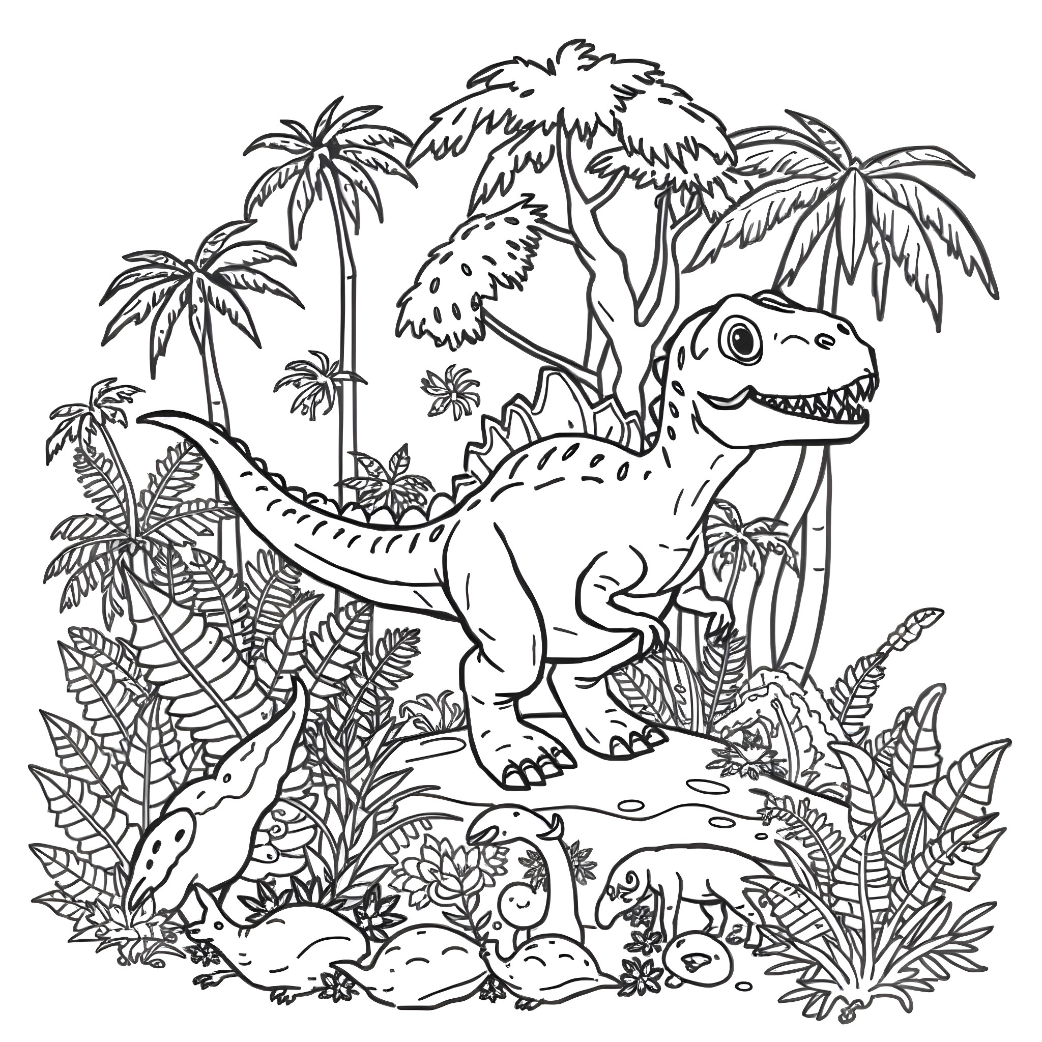 Dinosaur exploring a lush tropical jungle Coloring Page (free black-and-white line drawing printable PDF for all, from beginners to advanced learners, including children, teens, adults, and seniors)
