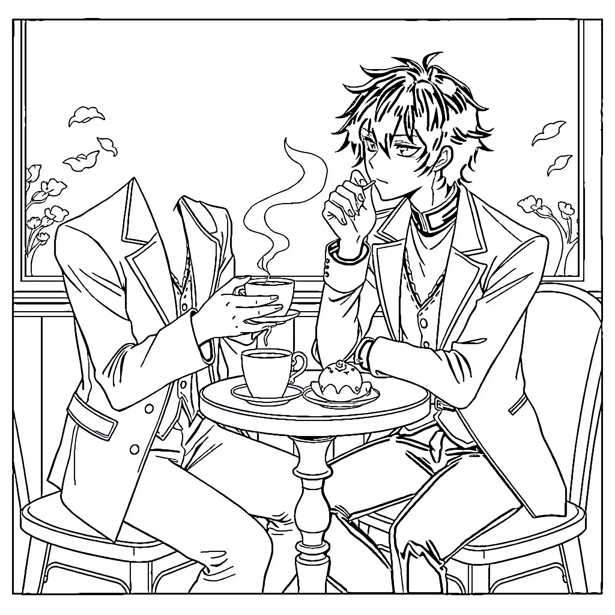 Dazai Osamu enjoying a quiet moment with coffee and pastry Coloring Page (free black-and-white line drawing printable PDF for all, from beginners to advanced learners, including children, teens, adults, and seniors)
