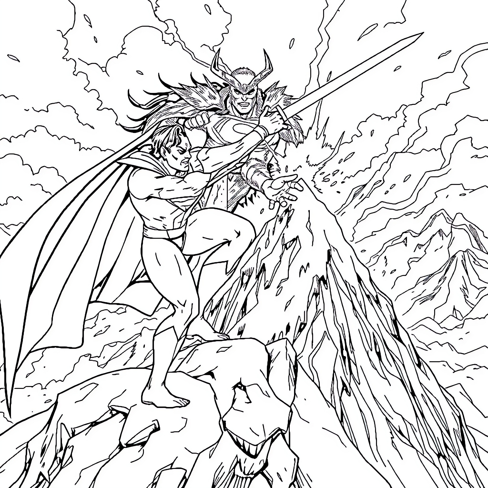 Superman battling fierce, powerful villain with dramatic energy Coloring Page (free black-and-white line drawing printable PDF for all, from beginners to advanced learners, including children, teens, adults, and seniors)