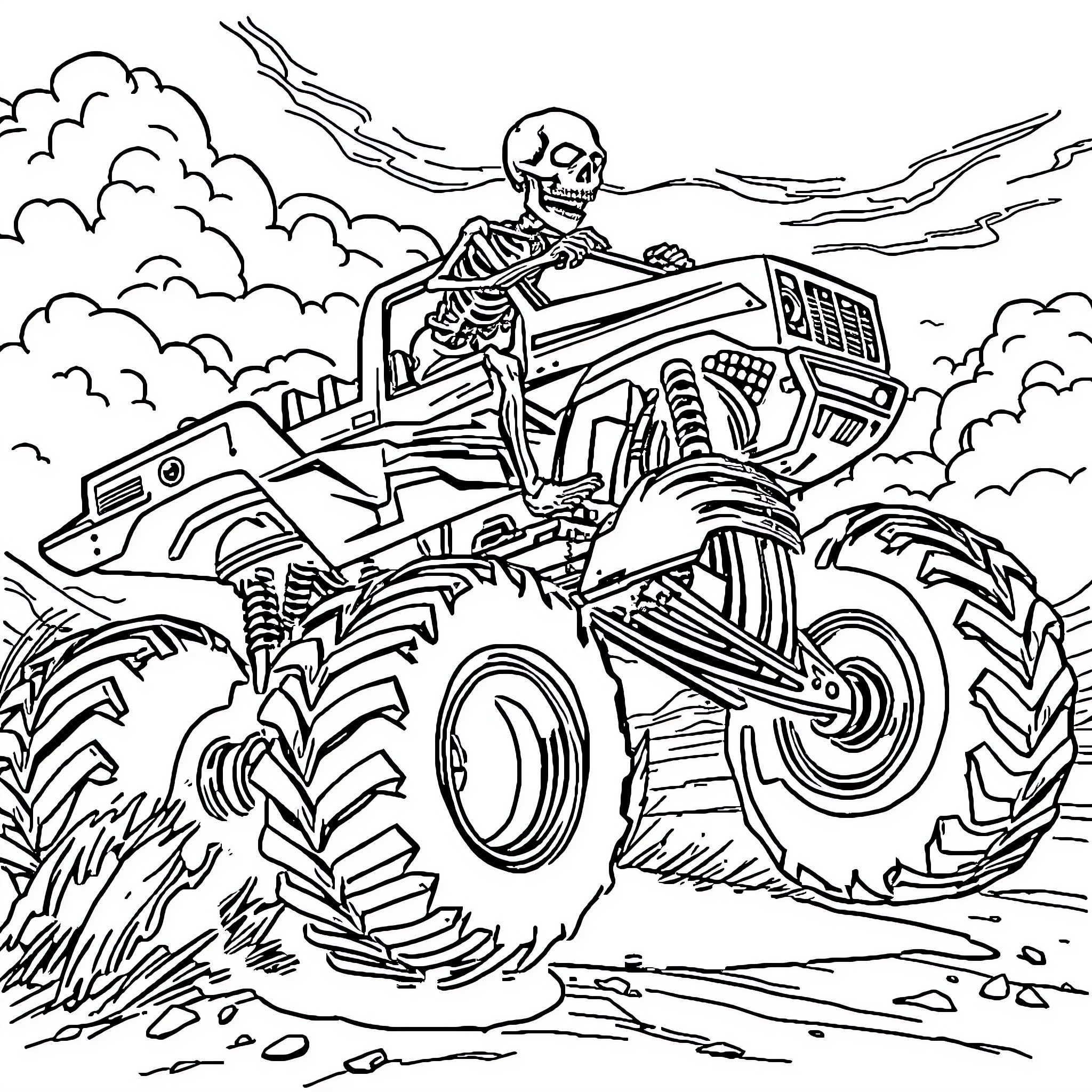 Skeleton riding a powerful monster truck through the clouds Coloring Page (free black-and-white line drawing printable PDF for all, from beginners to advanced learners, including children, teens, adults, and seniors)